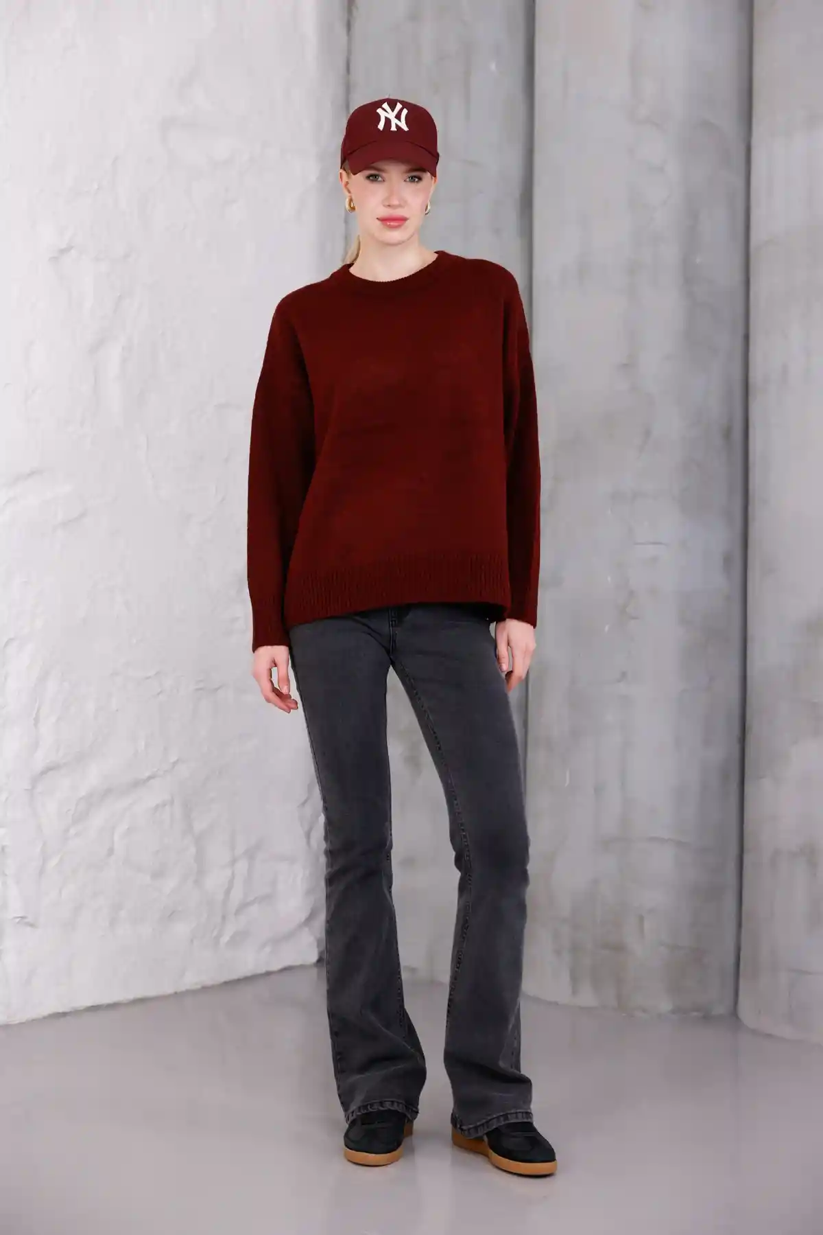 Bordo Bisiklet Yaka Oversize Triko Kazak