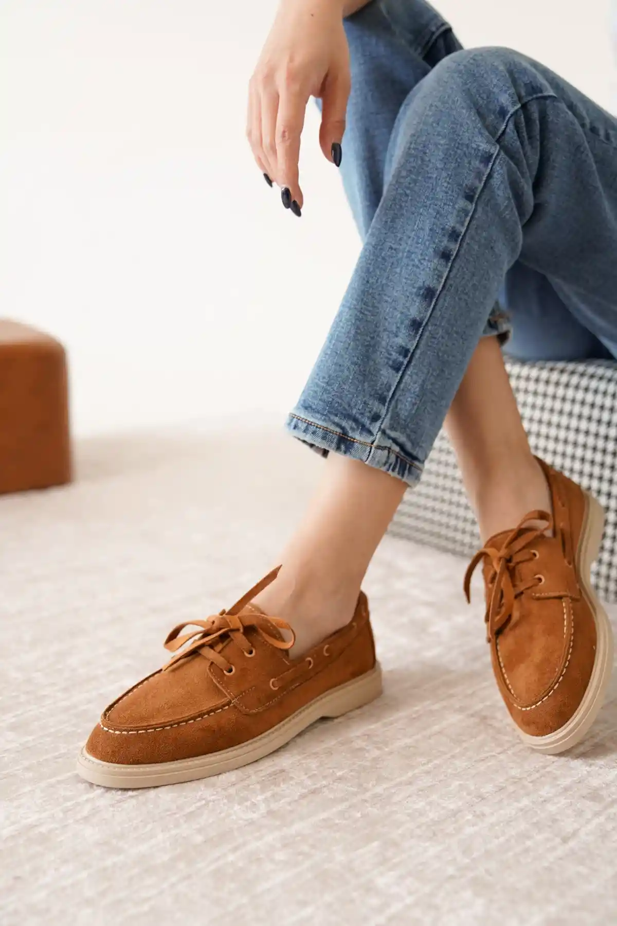 Taba Süet Kadın Düz Bağcıklı Loafer Ayakkabı