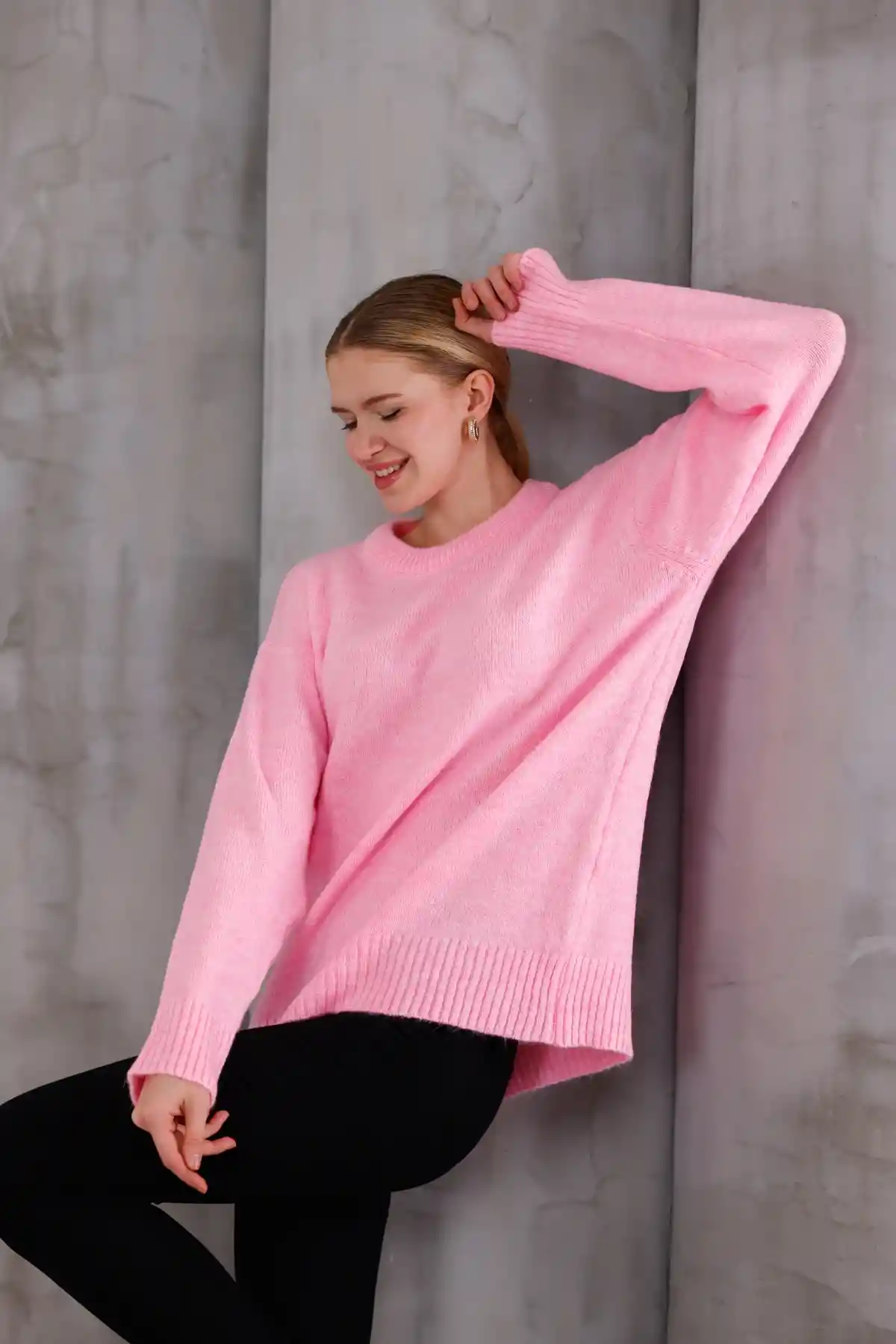 Pembe Bisiklet Yaka Oversize Triko Kazak