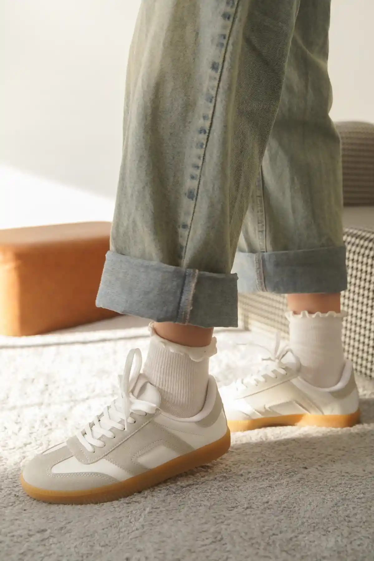 Gri-Beyaz Kadın Renk Bloklu Sneaker Ayakkabı