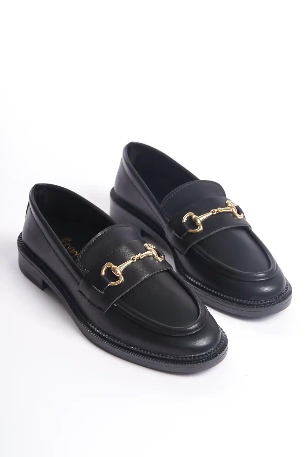Black Leather Womens Buckled Loafer Casual Shoes