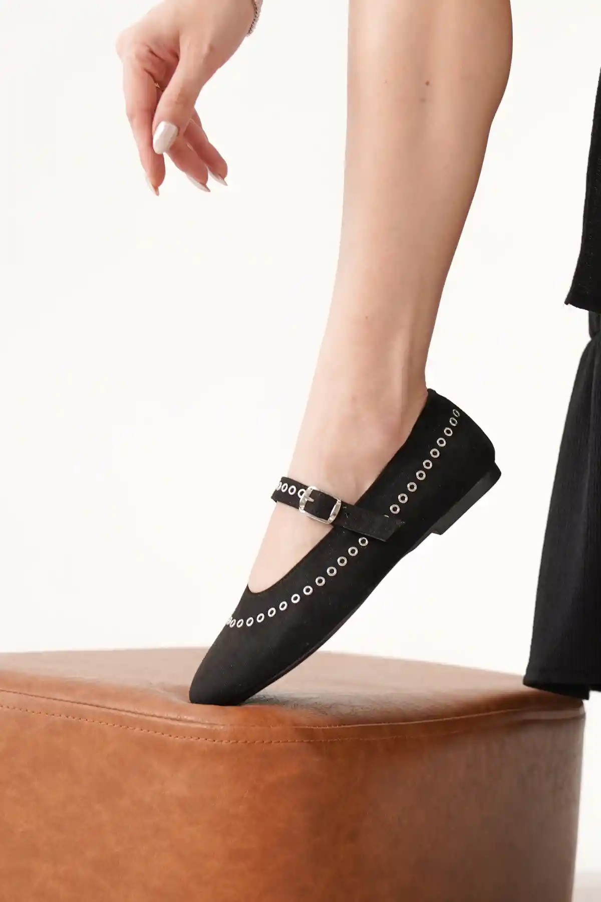 Siyah Süet Kadın Klasik Düz Taban Günlük Şık Babet