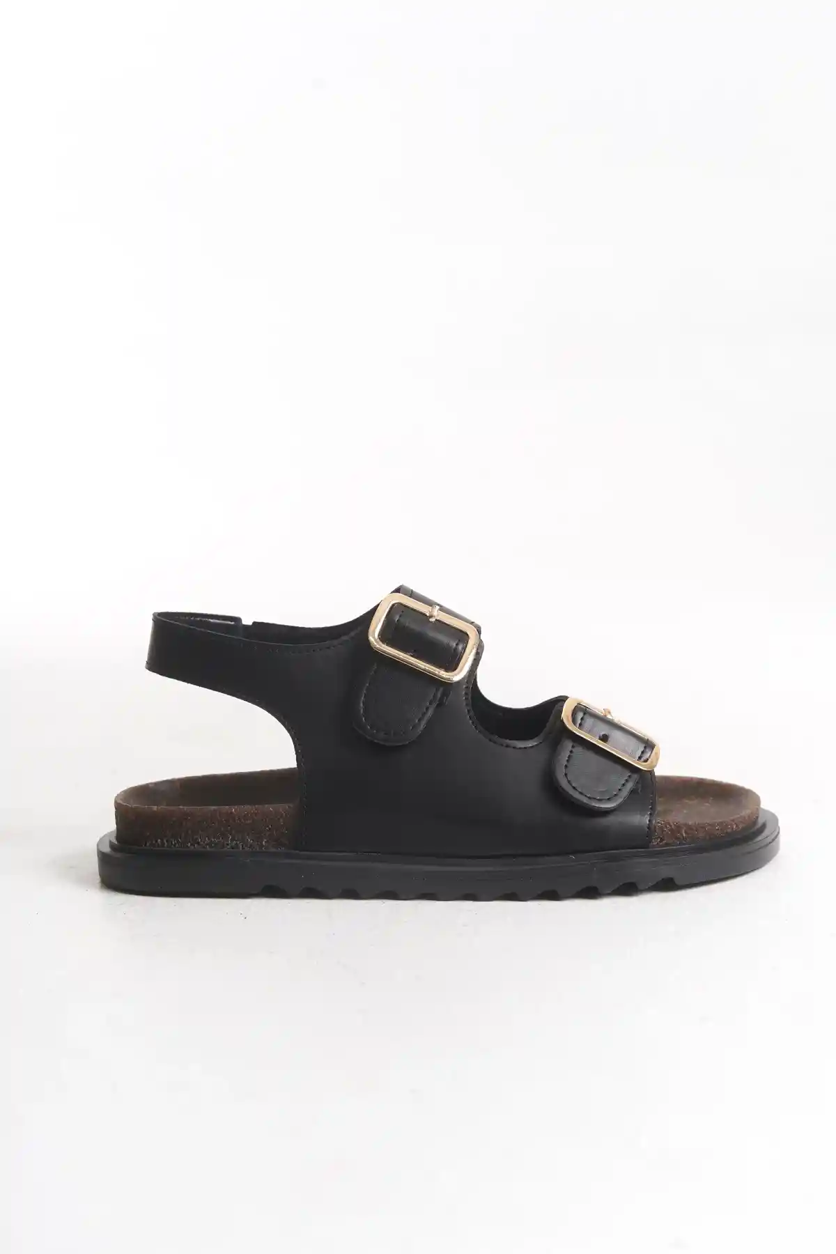 Siyah Cilt Kadın Kemerli Kaymaz Çift Tabanlı Sandalet