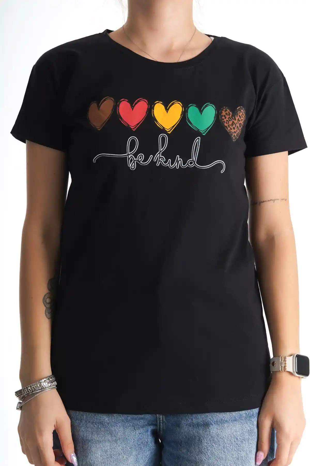 Siyah Kadın Kalp Baskılı Tshirt