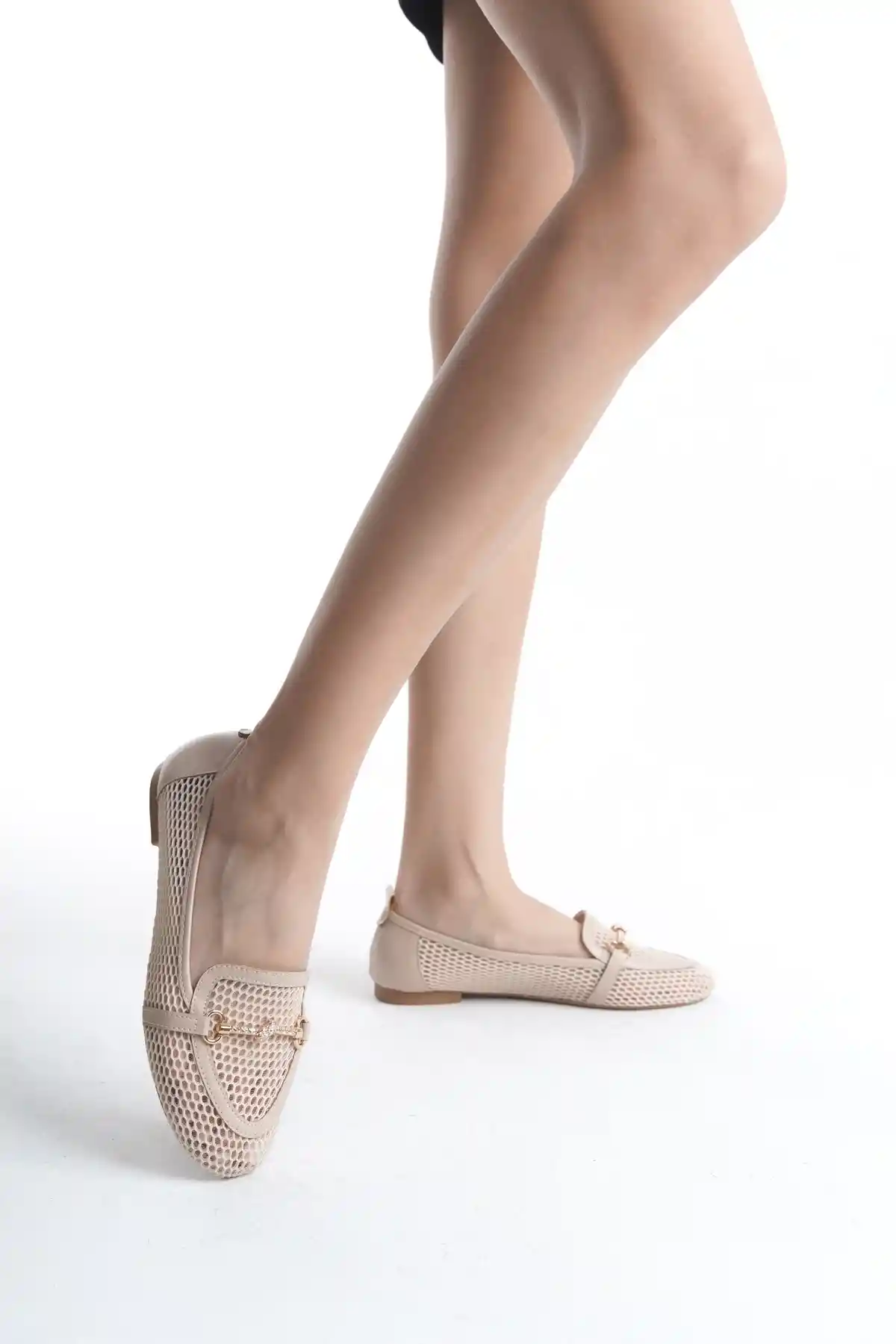 ten Kadın Fileli Gold Tokalı Kısa Günlük Şık Topuklu Babet