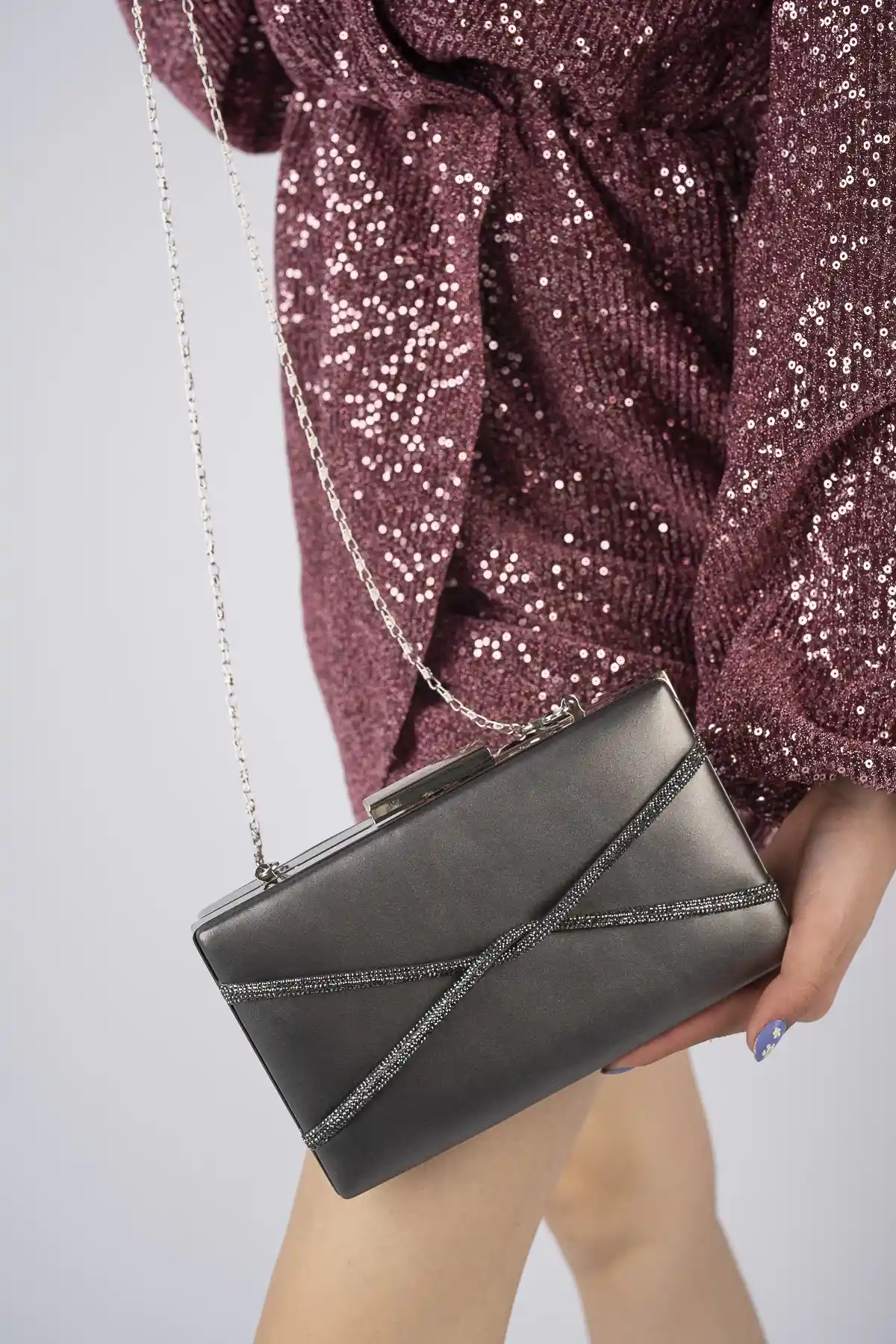 Platin Kadın Çapraz Taşlı Abiye Çanta