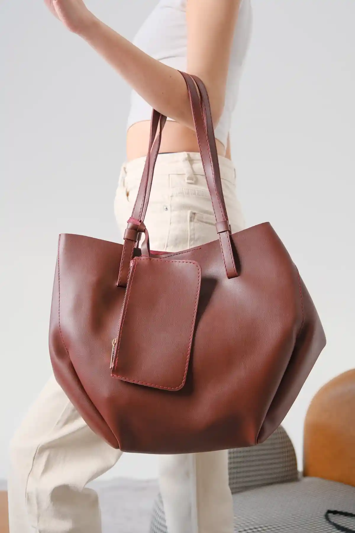 Bordo Cilt Kadın Çanta-Cüzdan-Makyaj Çantası Üçlü Set Çanta