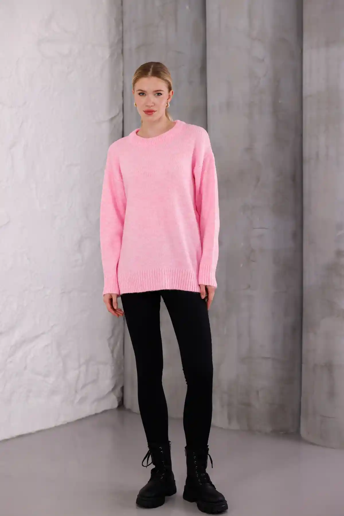 Pembe Bisiklet Yaka Oversize Triko Kazak