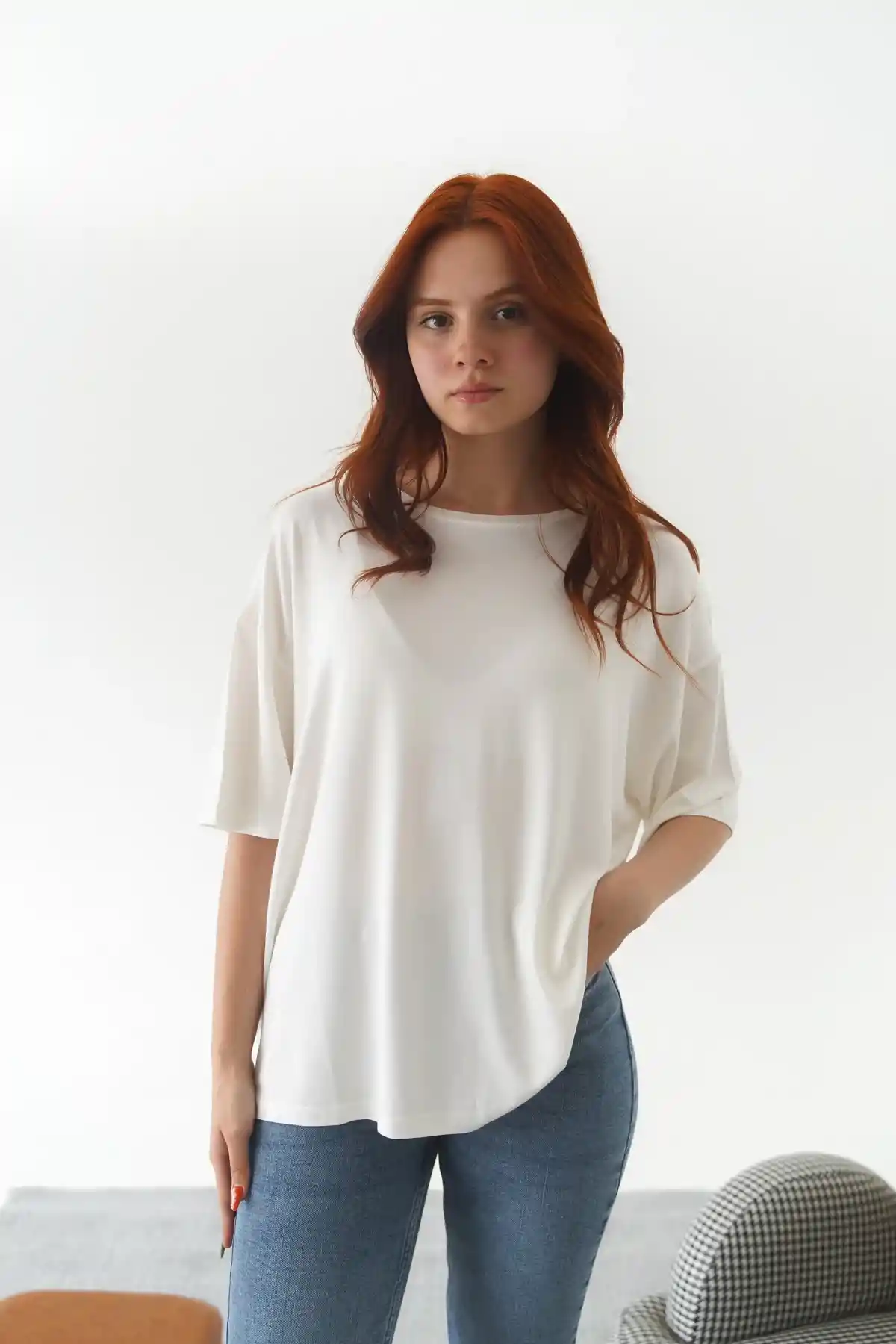 Bej Düz Kısa Kollu Unisex T-Shirt