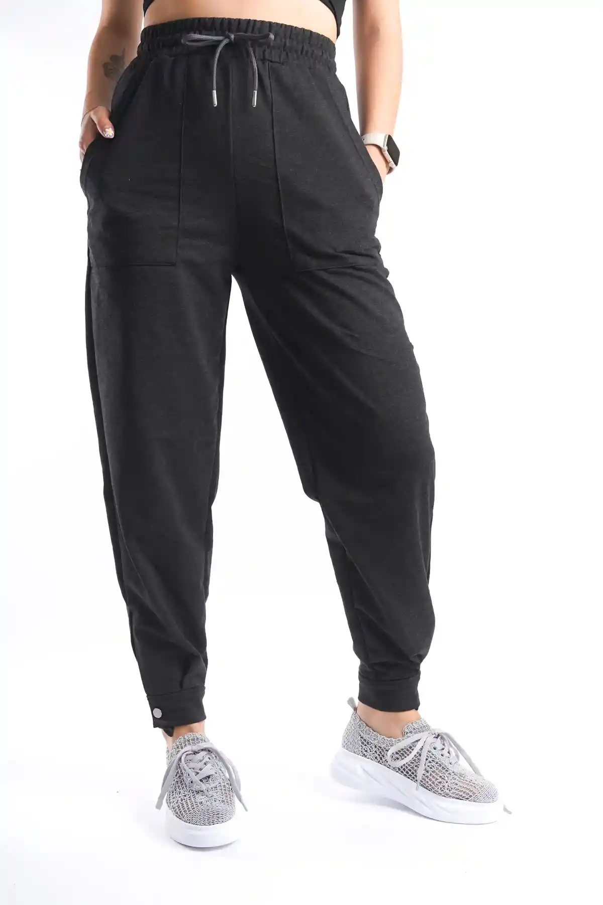 Antrasit Kadın Paçası Düğmeli Eşofman Altı