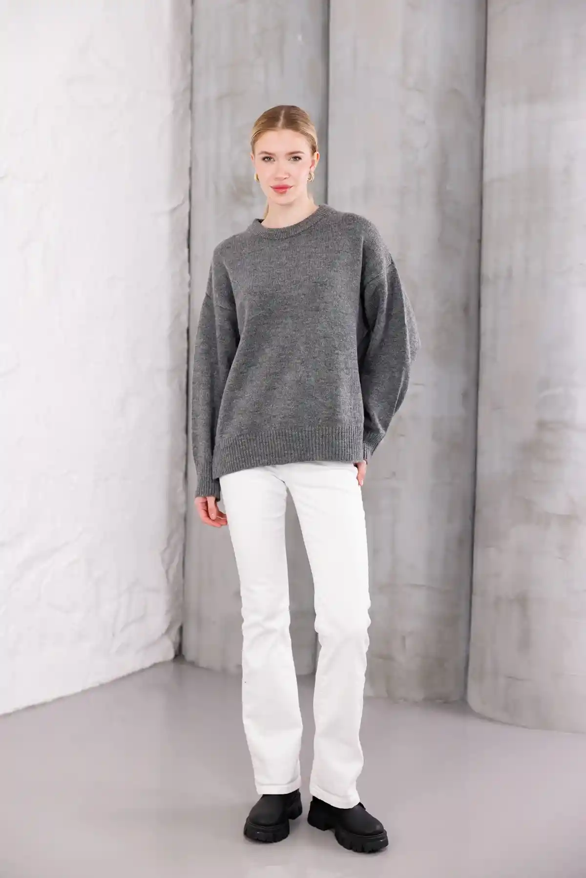 Gri Bisiklet Yaka Oversize Triko Kazak