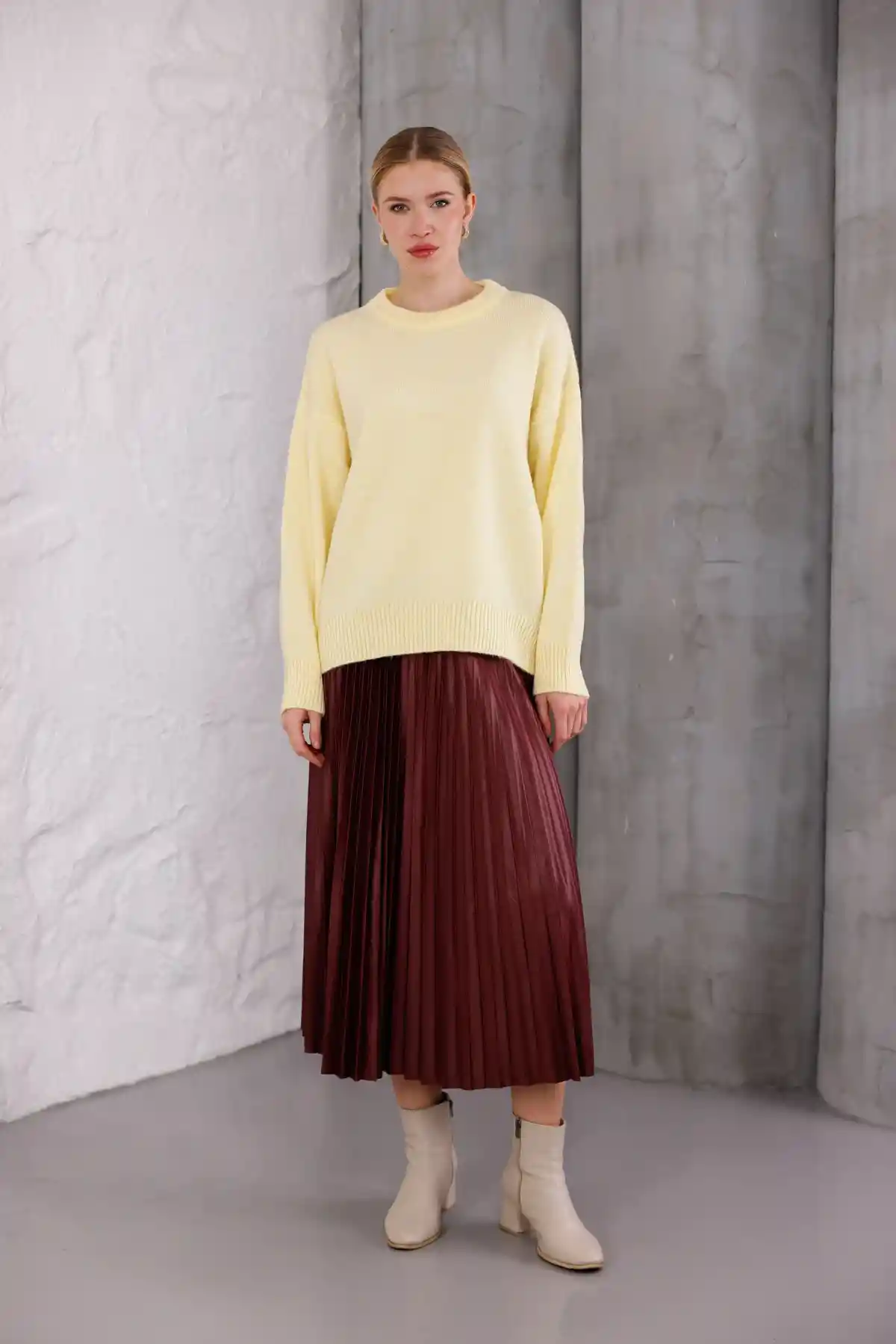 Sarı Bisiklet Yaka Oversize Triko Kazak