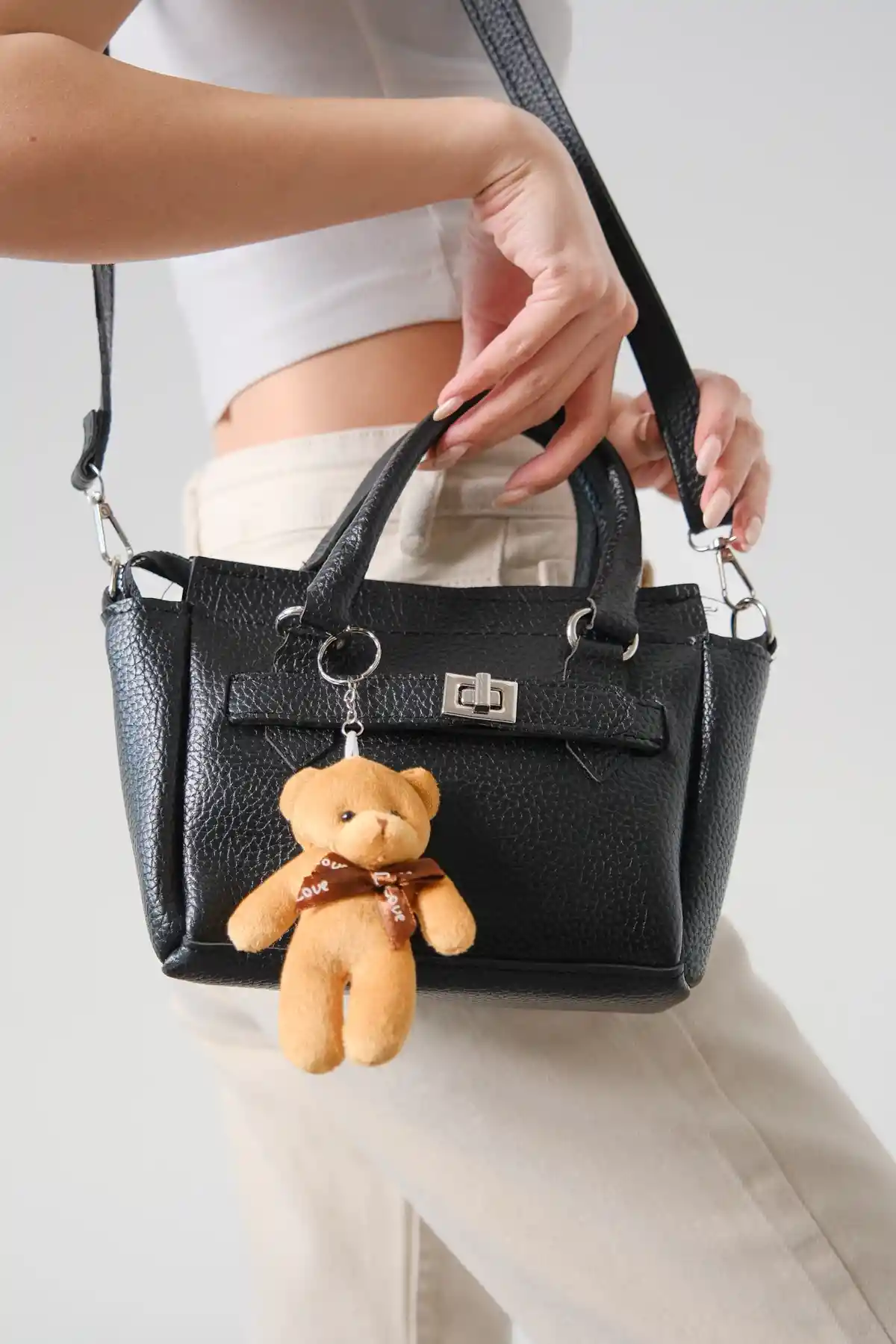 Siyah Kadın Ayıcıklı Şık Baget El Ve Omuz Çantası