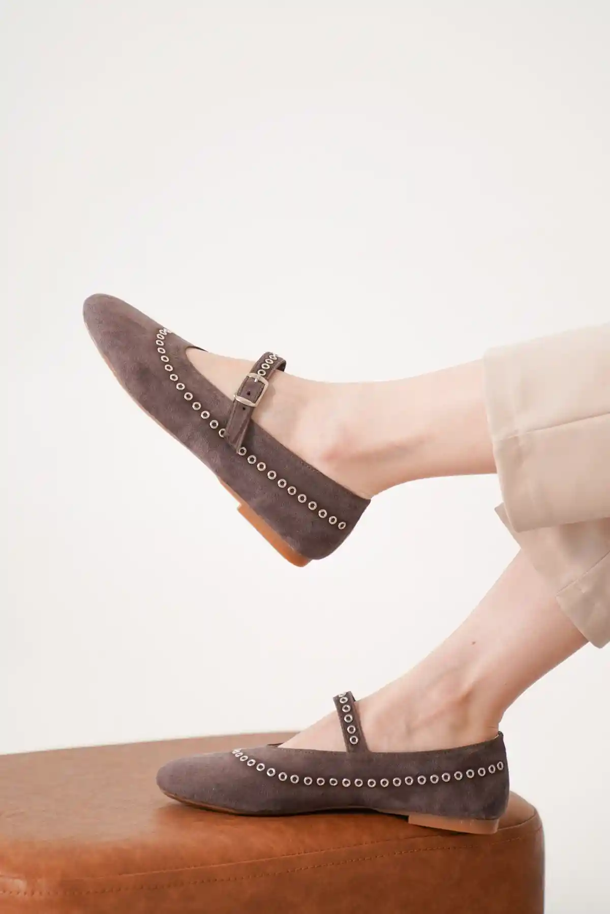 Kahve Süet Kadın Klasik Düz Taban Günlük Şık Babet