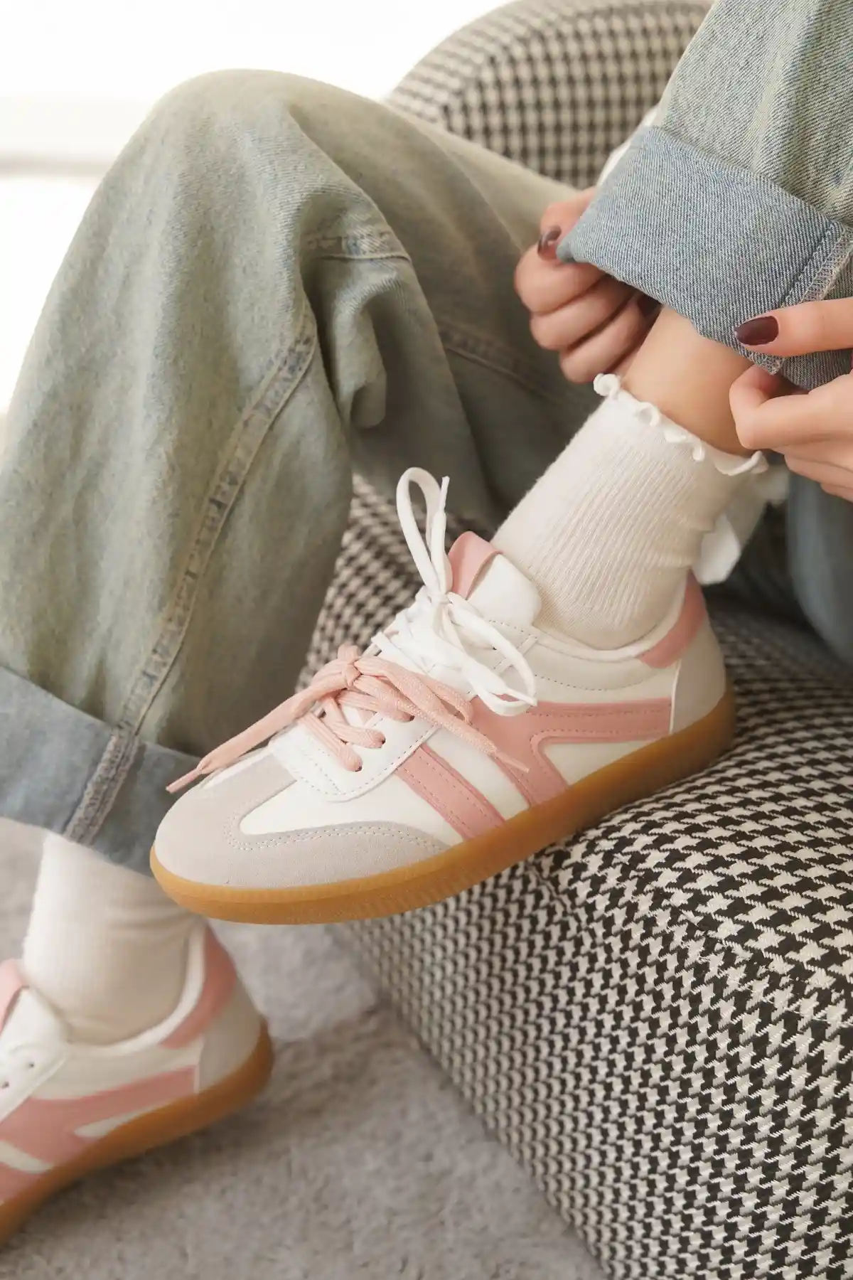 Beyaz-Pudra Kadın Çift Bağcıklı Kaymaz Taban Sneaker Ayakkabı