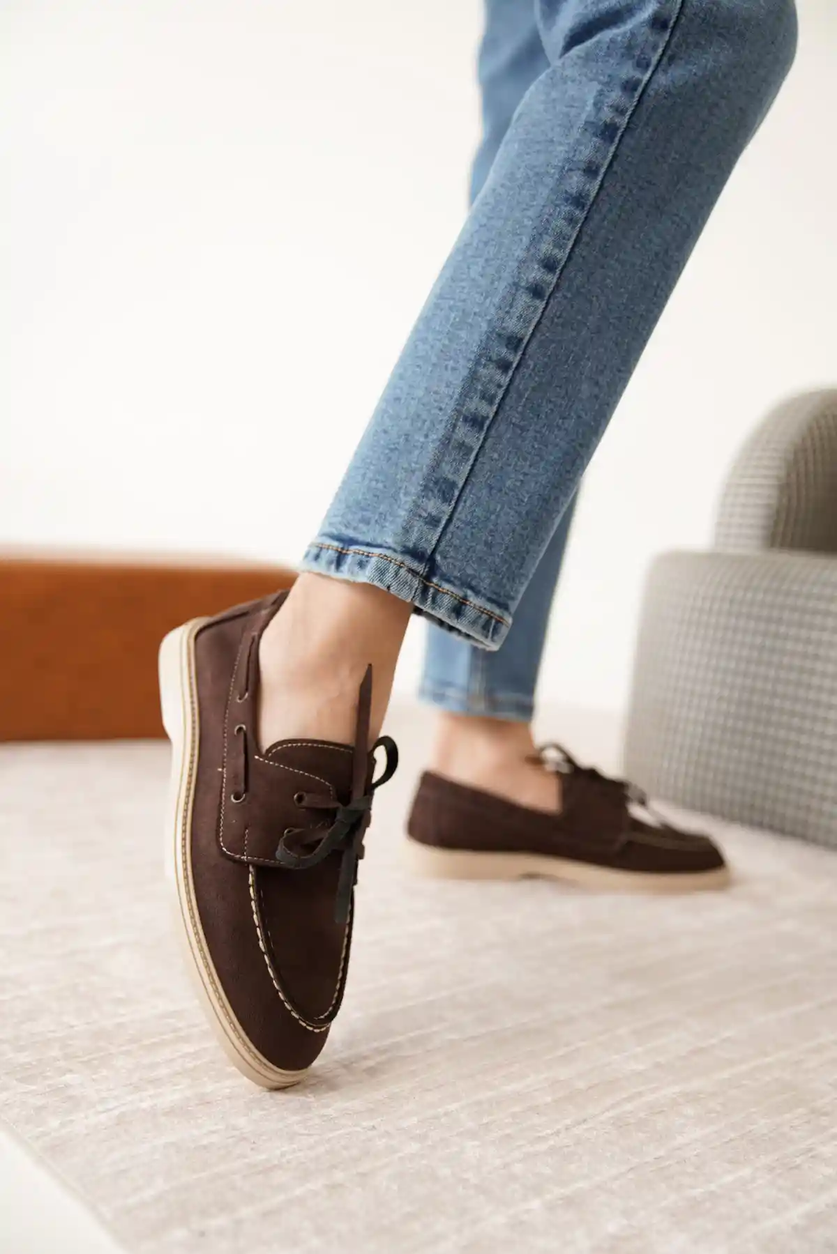 Kahve Süet Kadın Düz Bağcıklı Loafer Ayakkabı