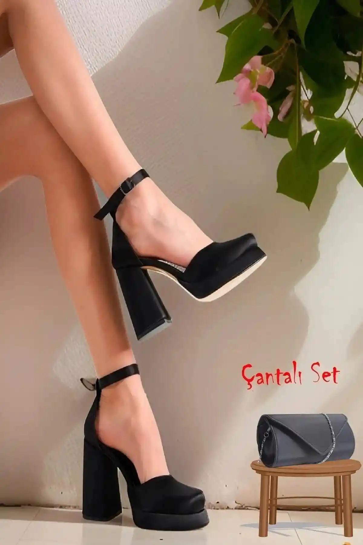 Black satin Womens Platform Heels Shoes with Bag Gift