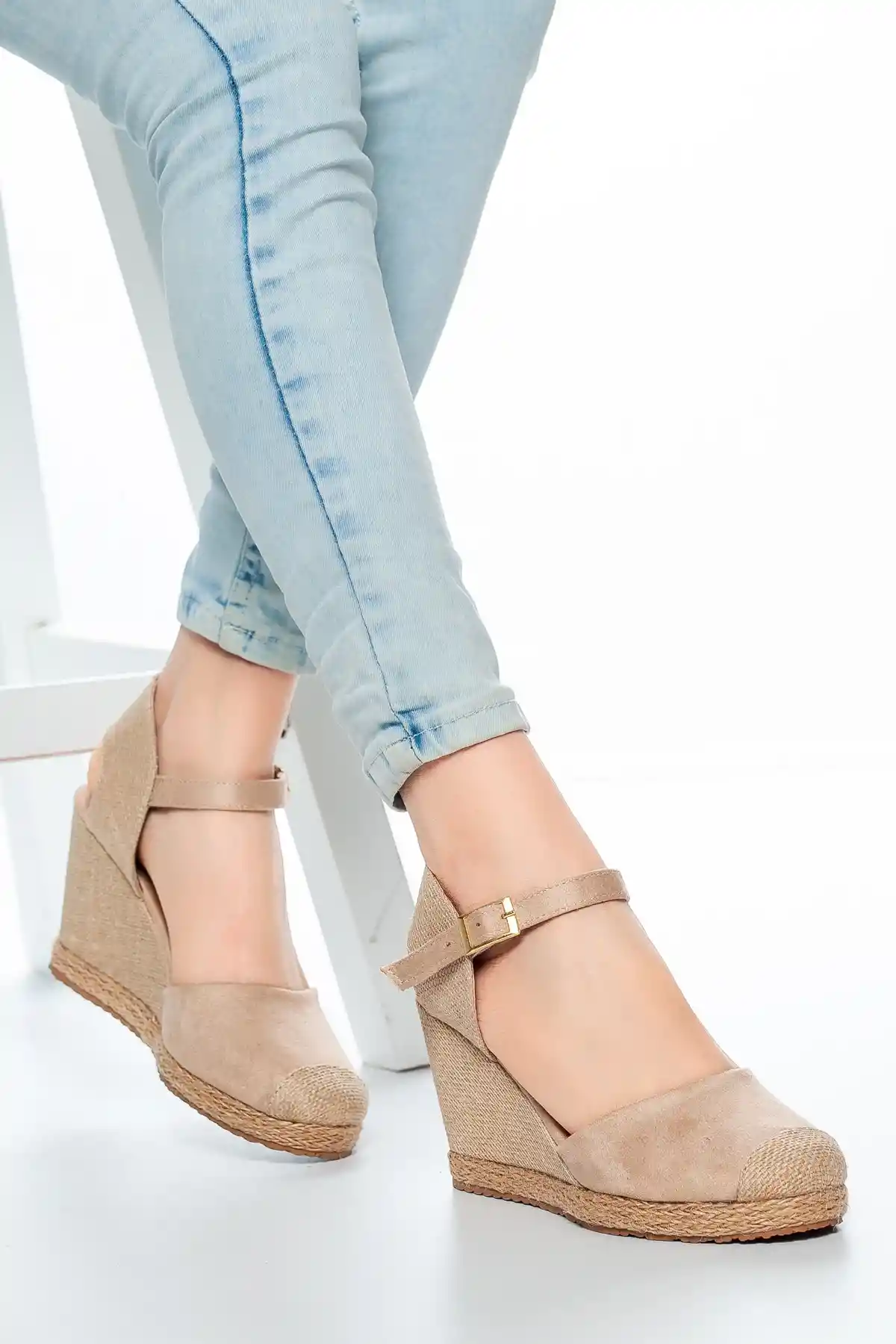 Vizon-Hasır Keten Kadın Dolgu Topuklu Ayakkabı