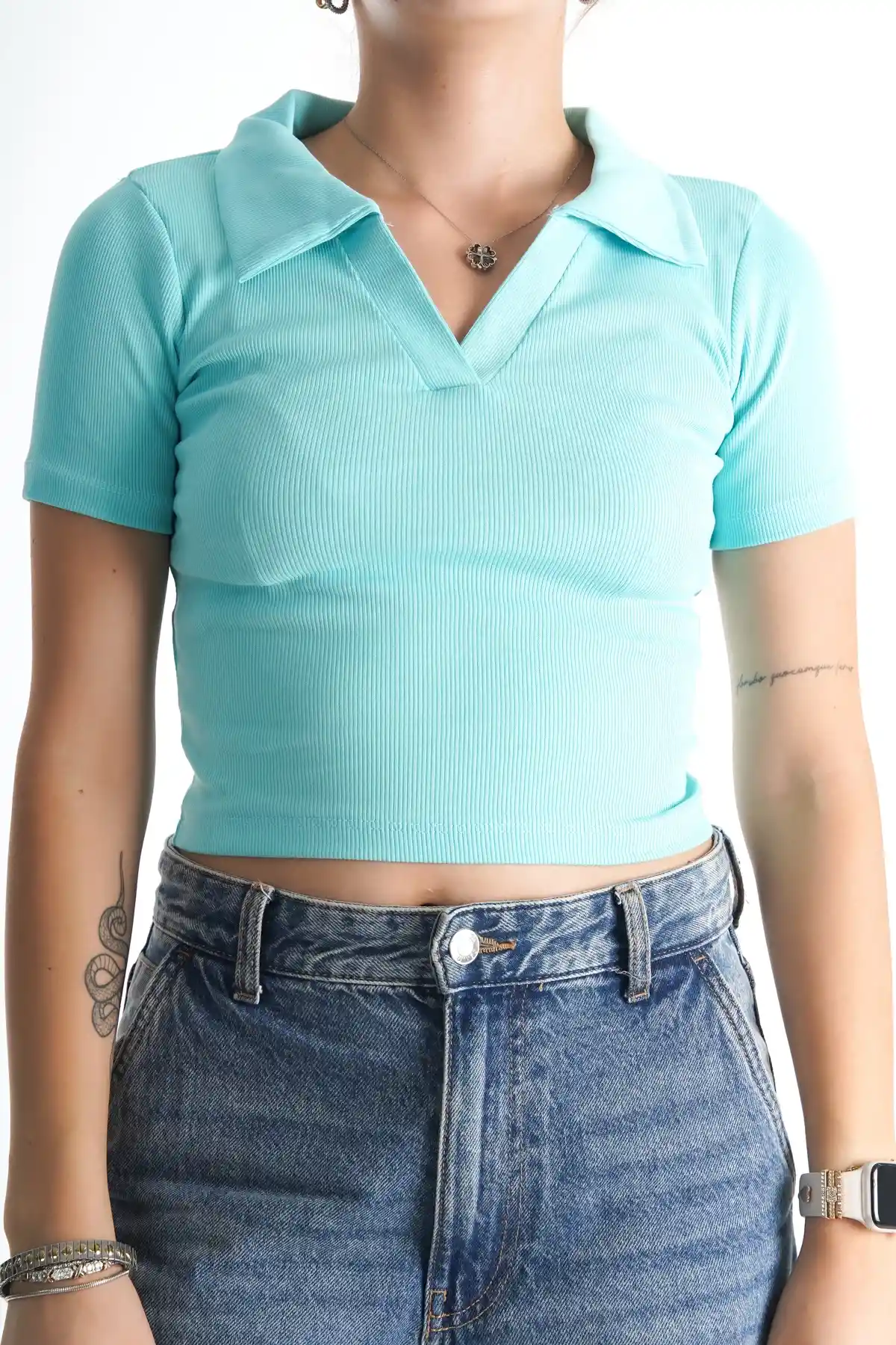 Aqua Green Womens Polo Neck Ribbed T-Shirt