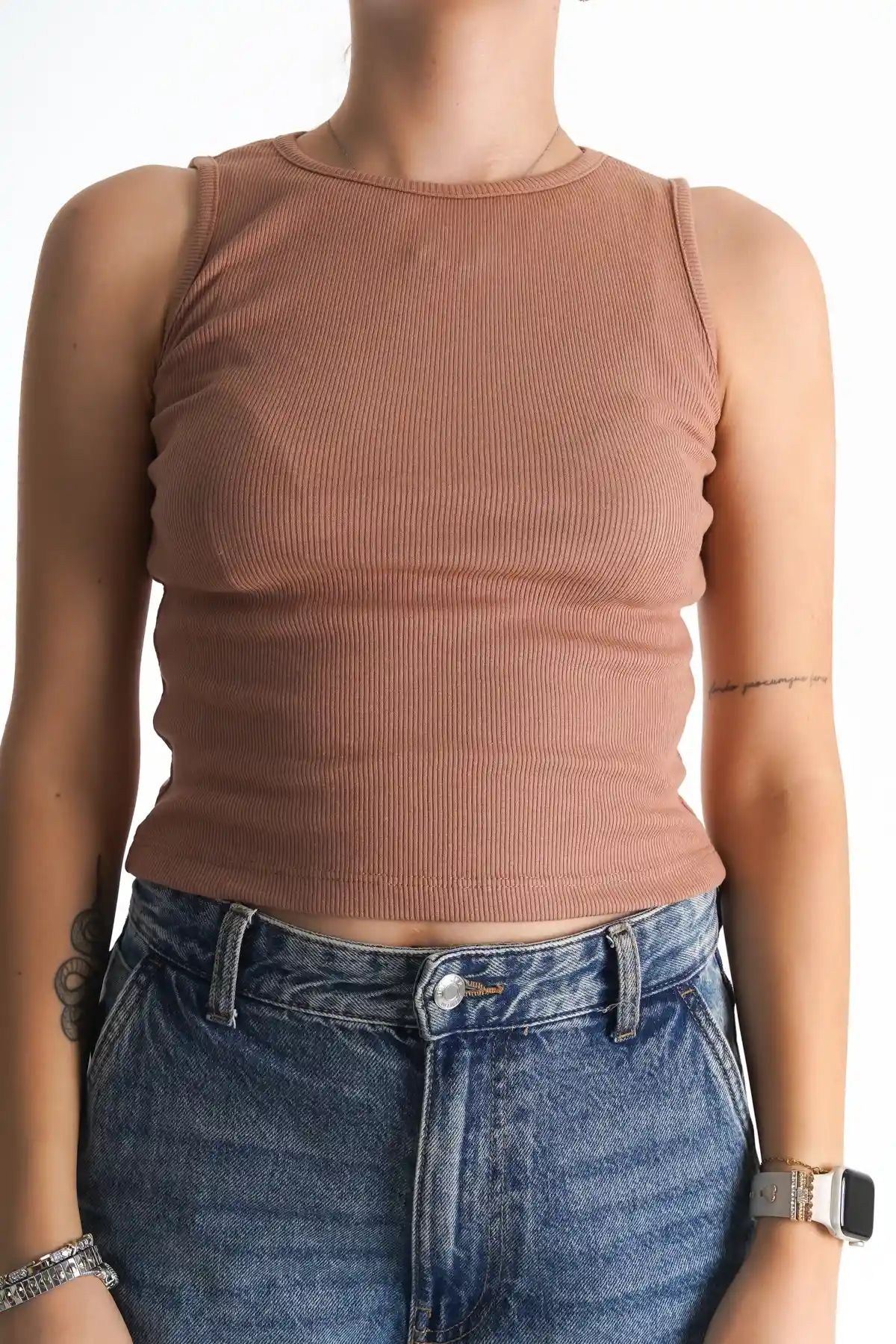 Kahve Kadın Fitili Halter Yaka Crop Atlet