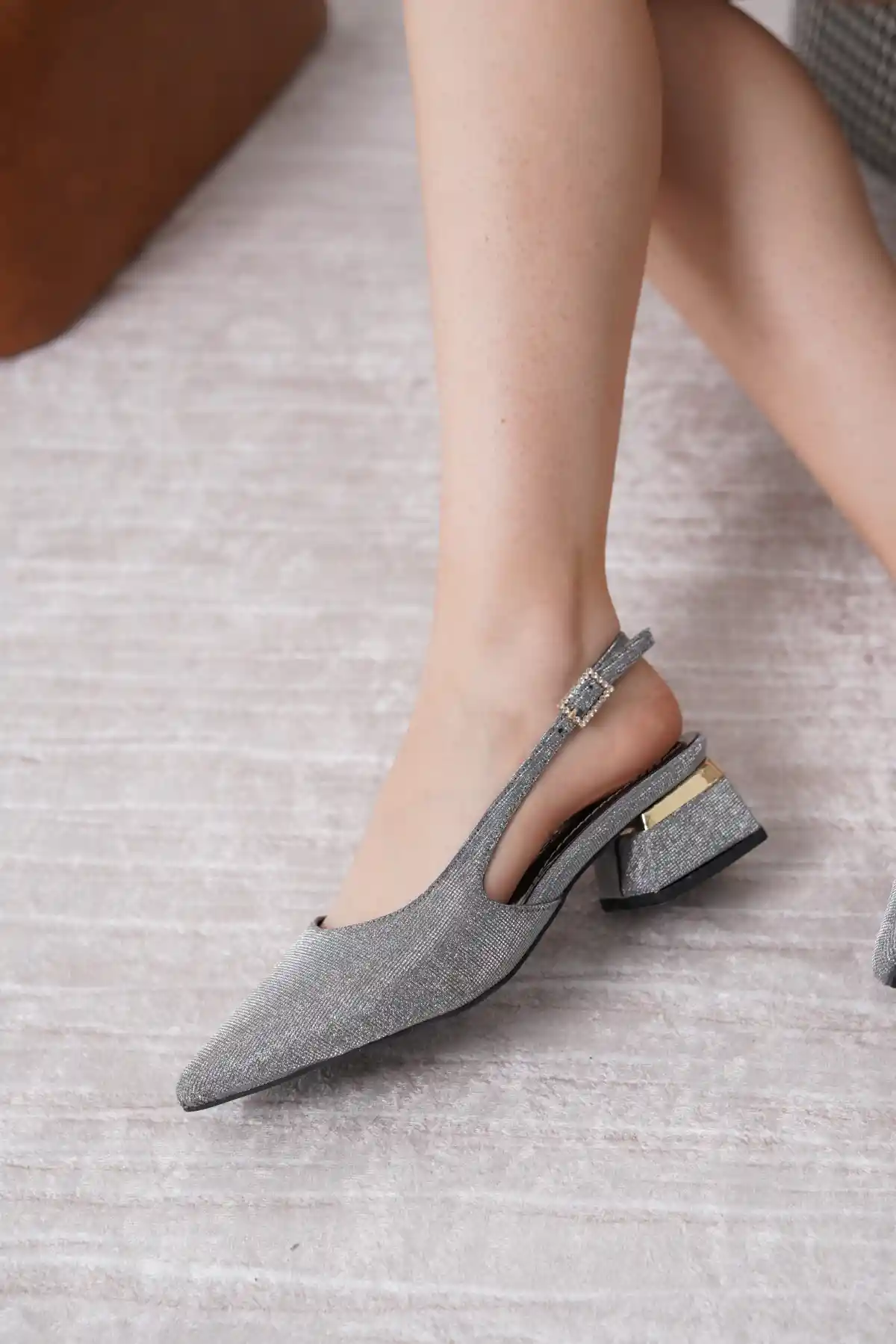 Platin Simli Kadın Simli Kısa Topuklu Şık Abiye Topuklu Ayakkabı