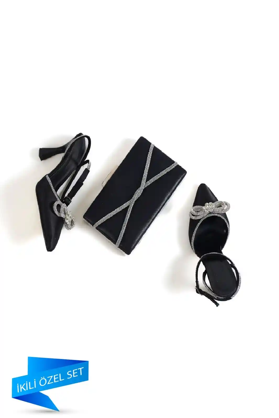 Black Satin Woman Stone Bow Bow Shoe Shoe And Evening Bag Set