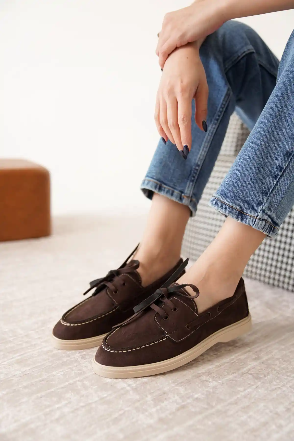 Kahve Süet Kadın Düz Bağcıklı Loafer Ayakkabı