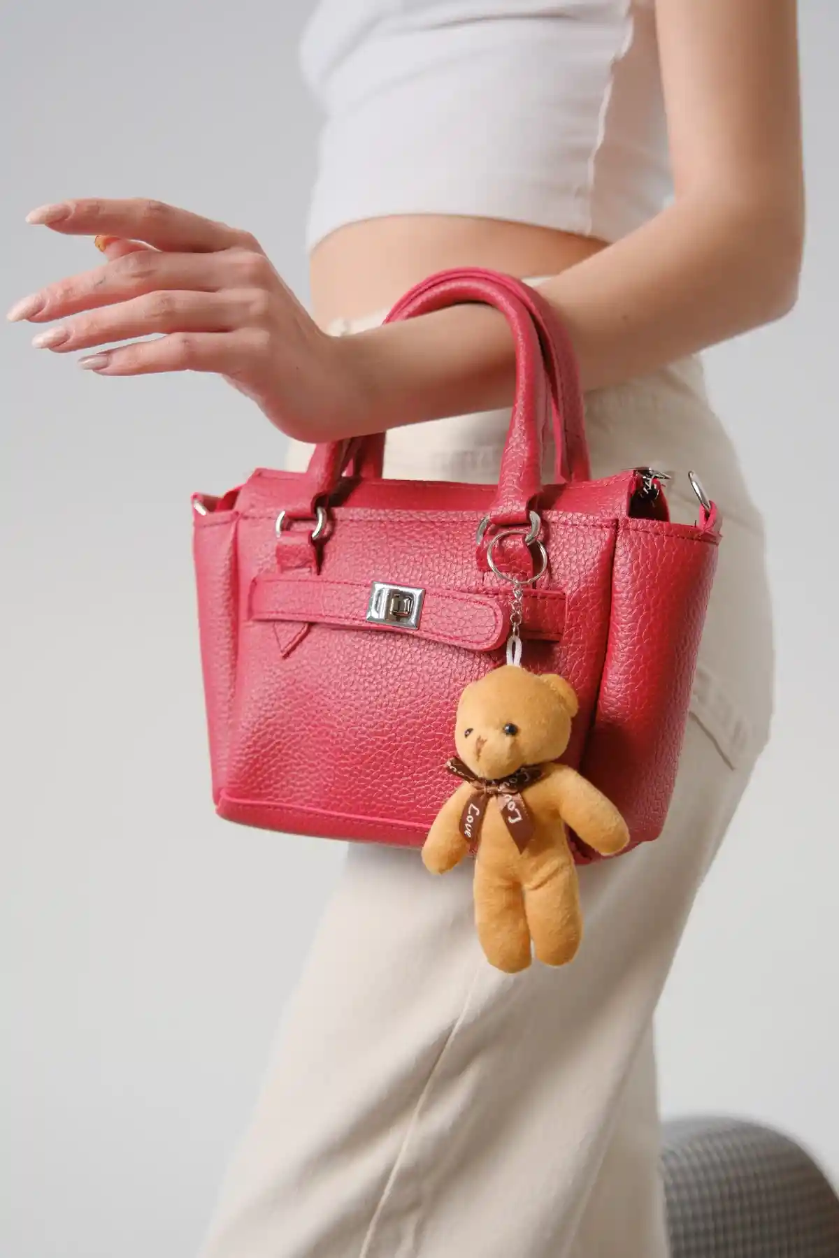 Kırmızı Kadın Ayıcıklı Şık Baget El Ve Omuz Çantası