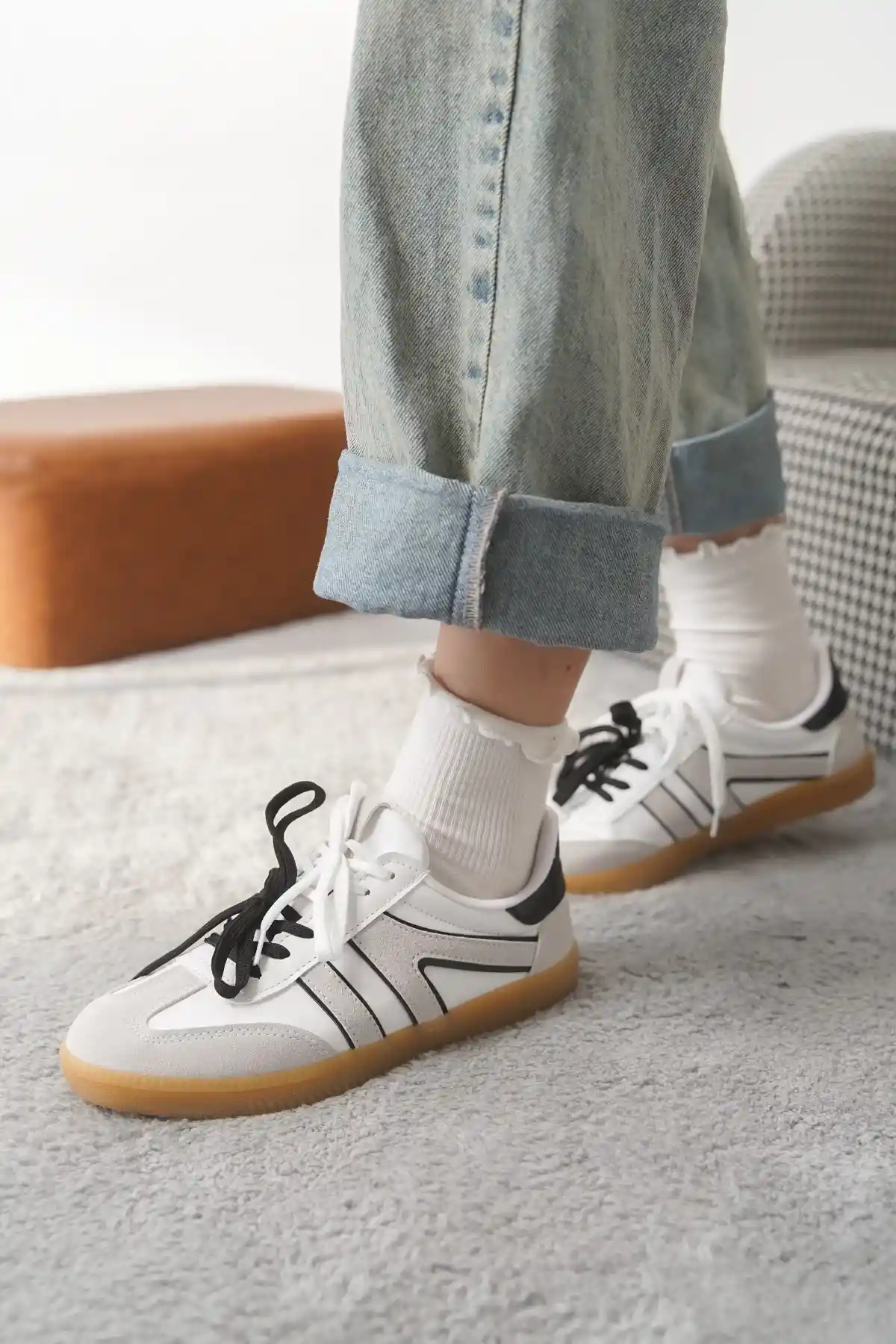 Beyaz-Gri Kadın Çift Bağcıklı Kaymaz Taban Sneaker Ayakkabı