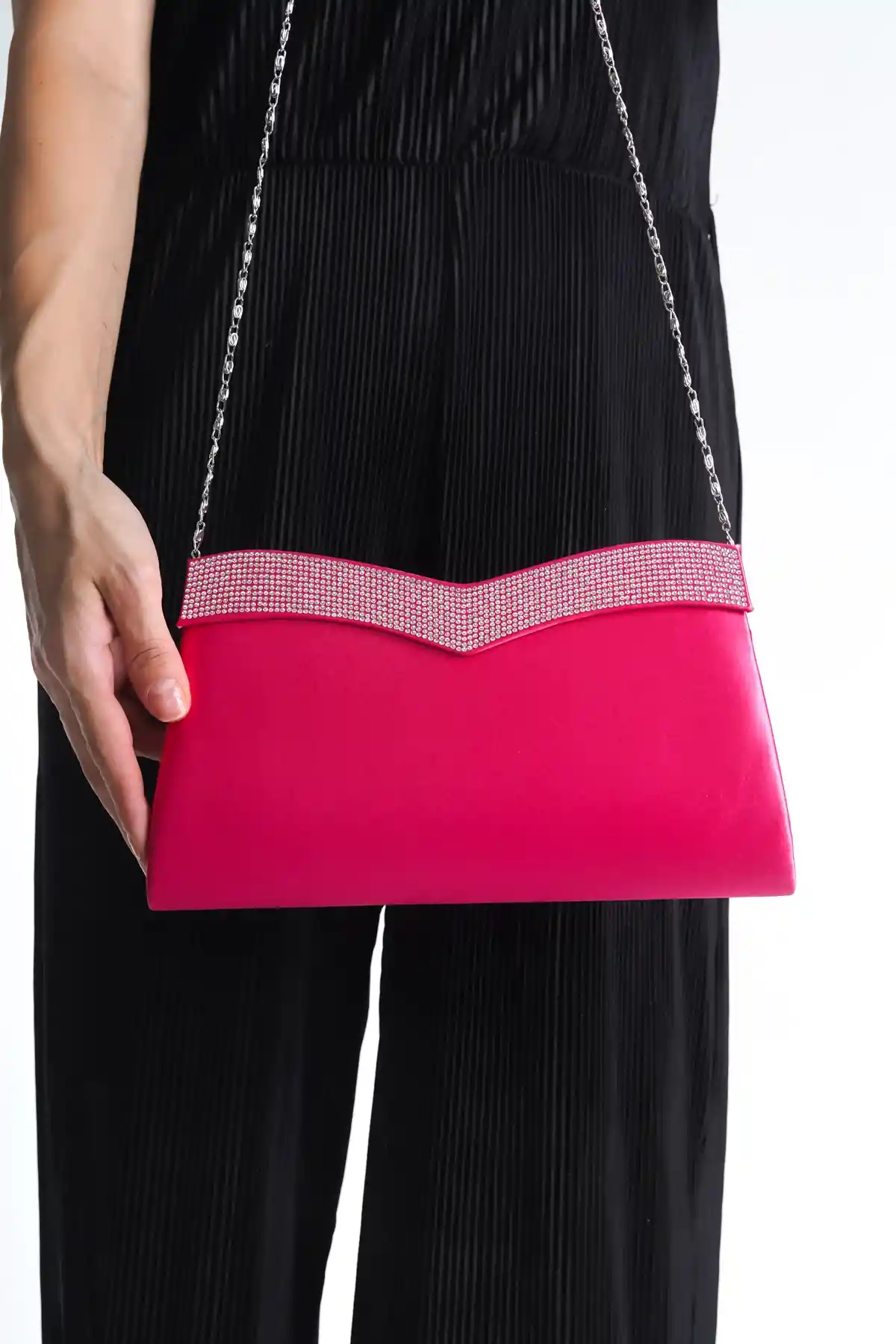 Fuşya Saten Kadın Taşlı Saten Abiye Çanta
