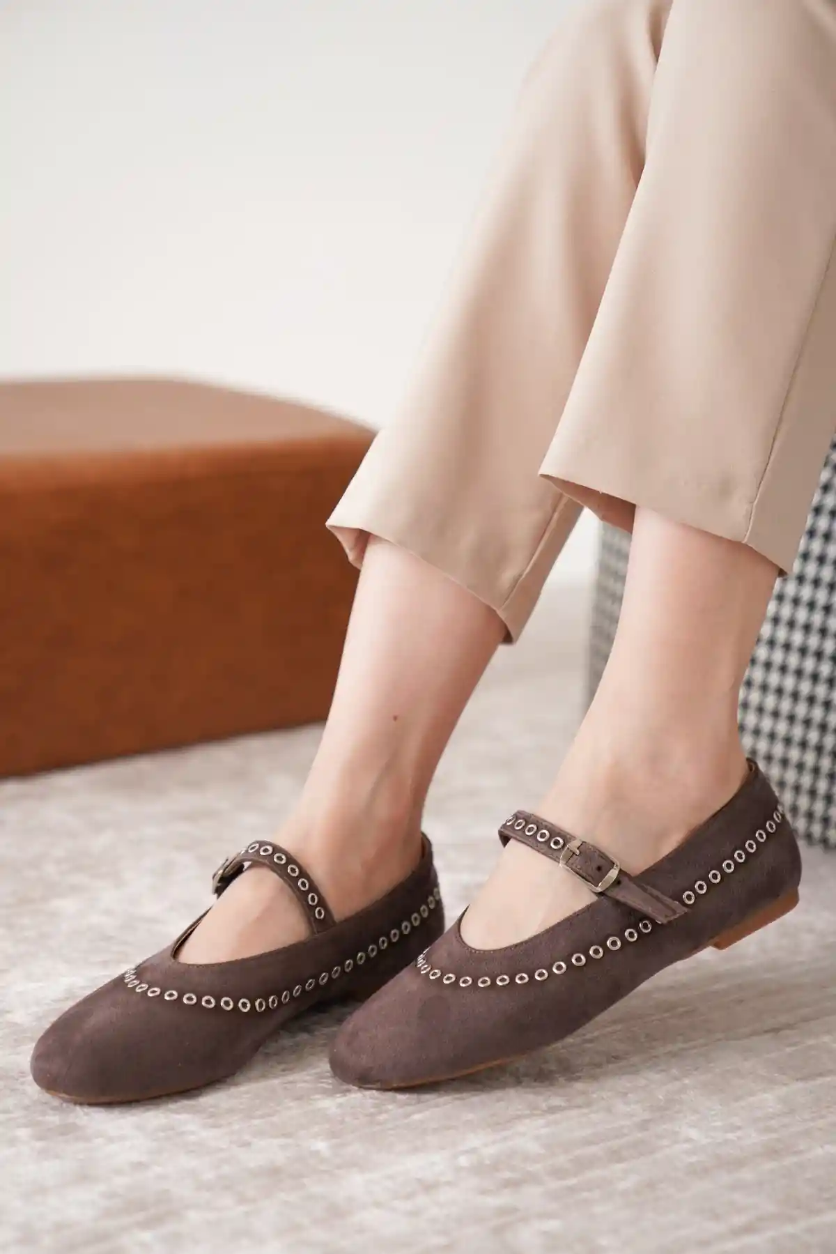 Kahve Süet Kadın Klasik Düz Taban Günlük Şık Babet