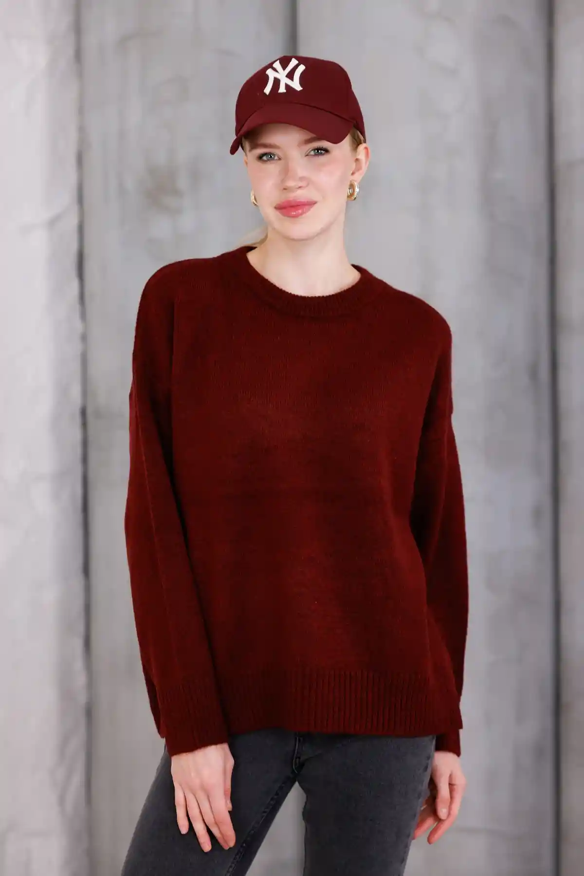 Bordo Bisiklet Yaka Oversize Triko Kazak