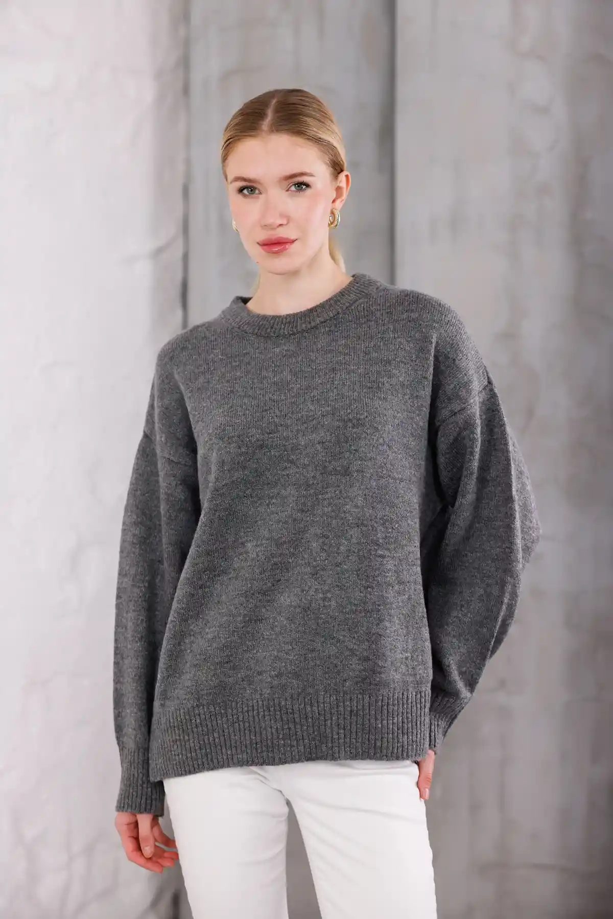 Gri Bisiklet Yaka Oversize Triko Kazak