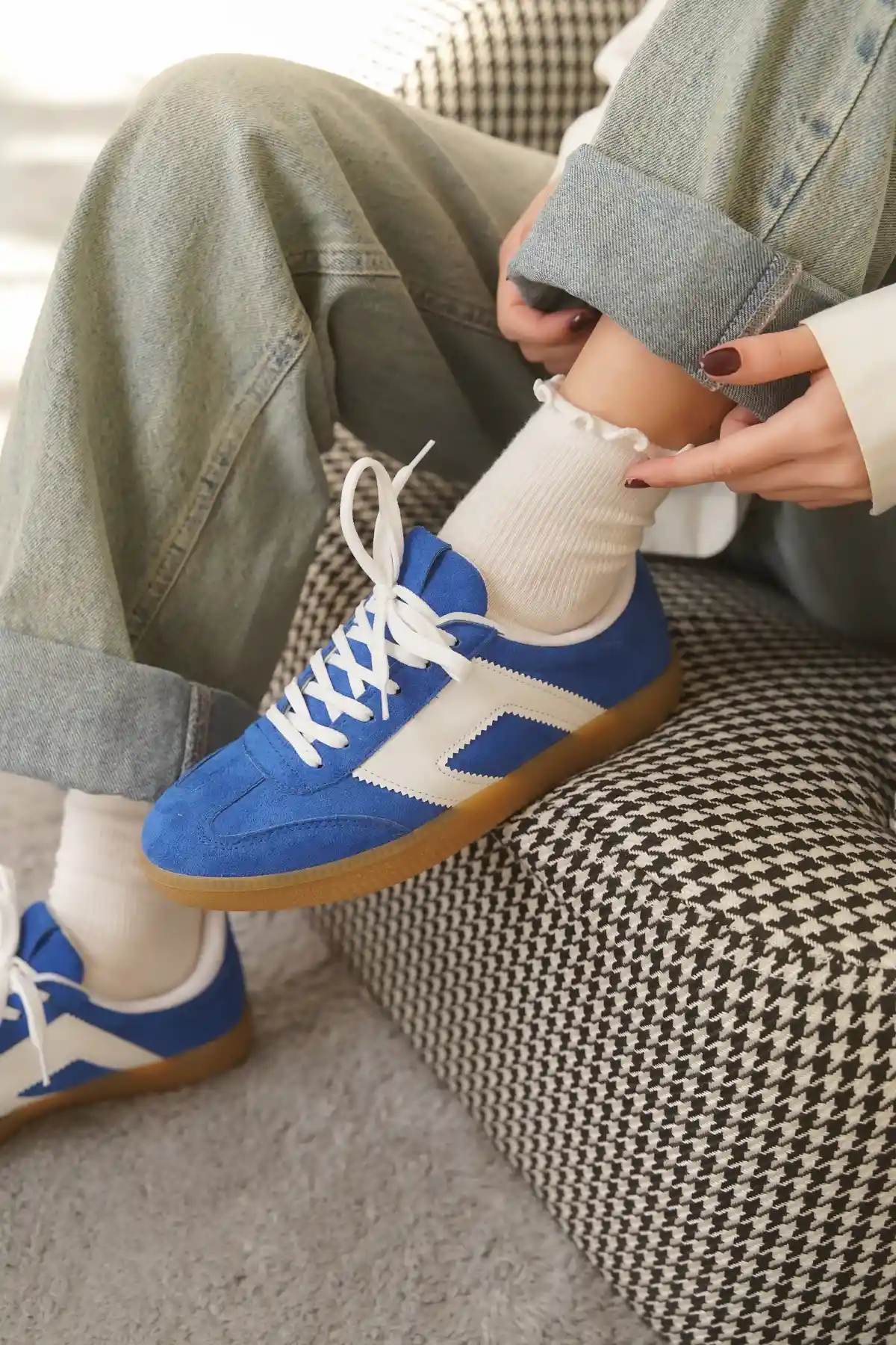 Mavi Süet Kadın Renk Bloklu Sneaker Ayakkabı