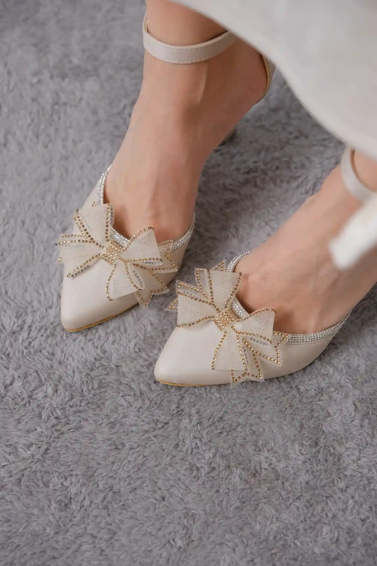 Ten Saten Kadın Taşlı Tül Fiyonklu Şık Abiye Topuklu Ayakkabı