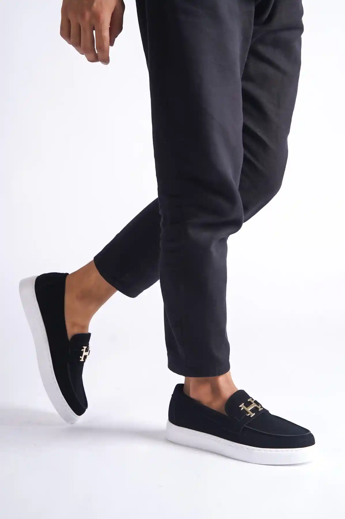 Siyah Süet Beyaz Taban Erkek Tokalı Günlük Ayakkabı