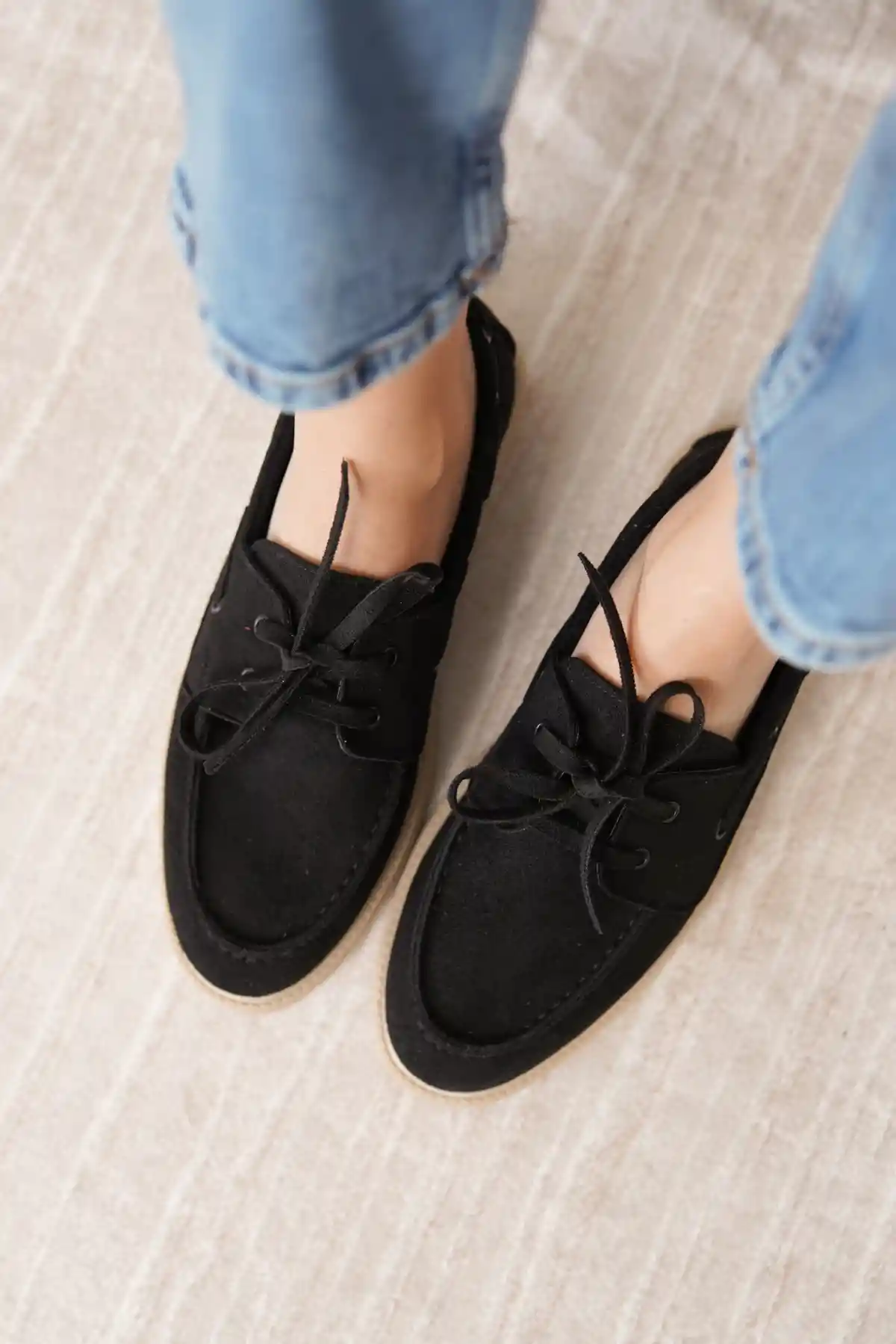 Siyah Süet Kadın Düz Bağcıklı Loafer Ayakkabı