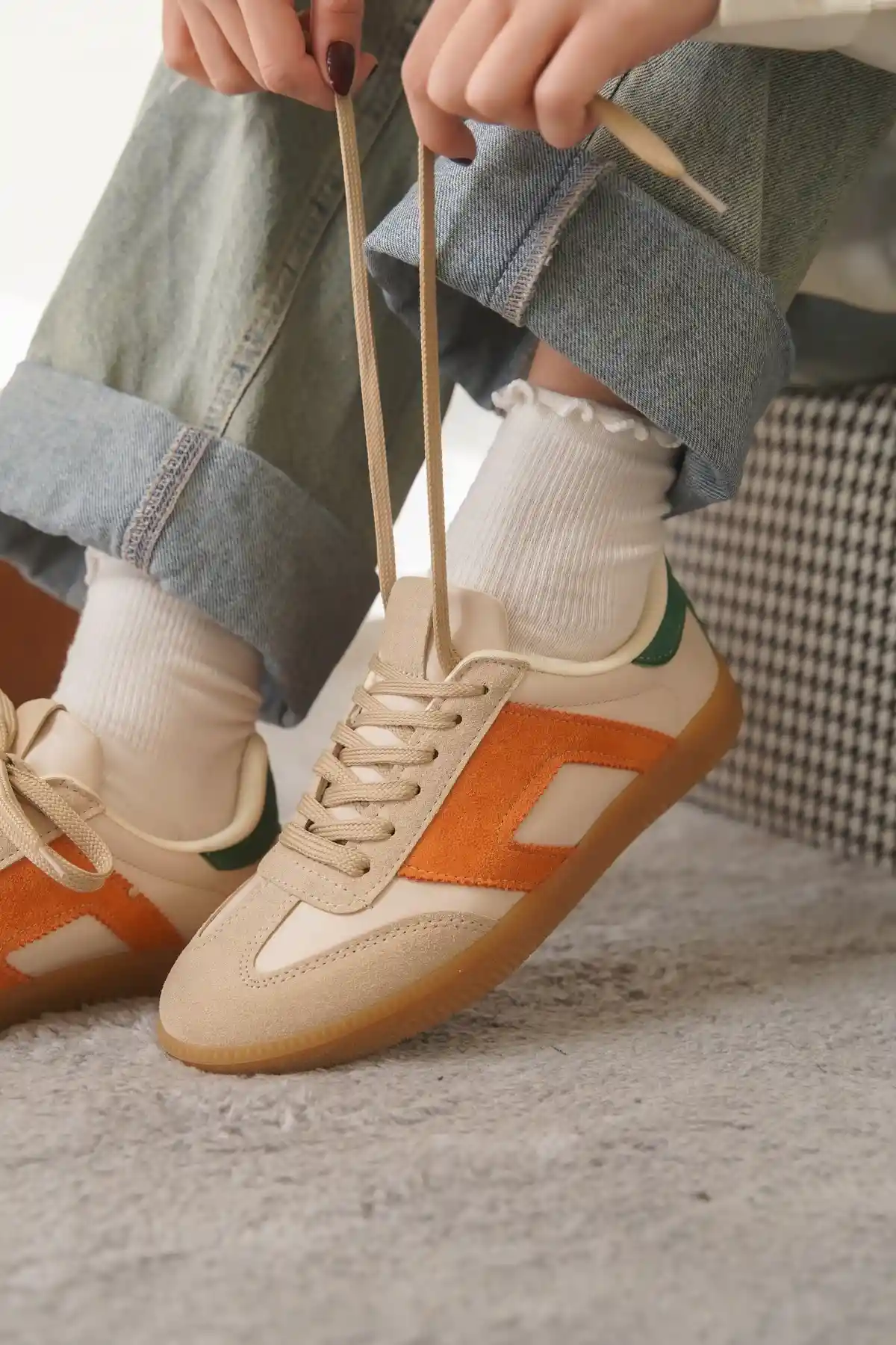 Turuncu-Yeşil Kadın Renk Bloklu Sneaker Ayakkabı