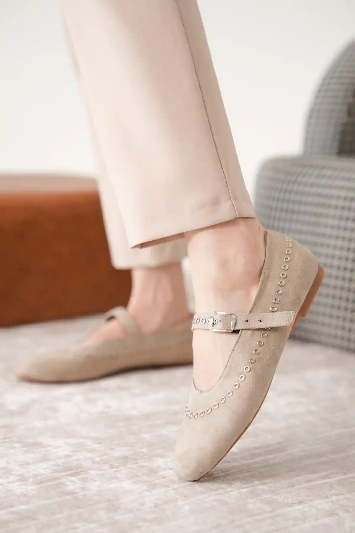 Ten Süet Kadın Klasik Düz Taban Günlük Şık Babet