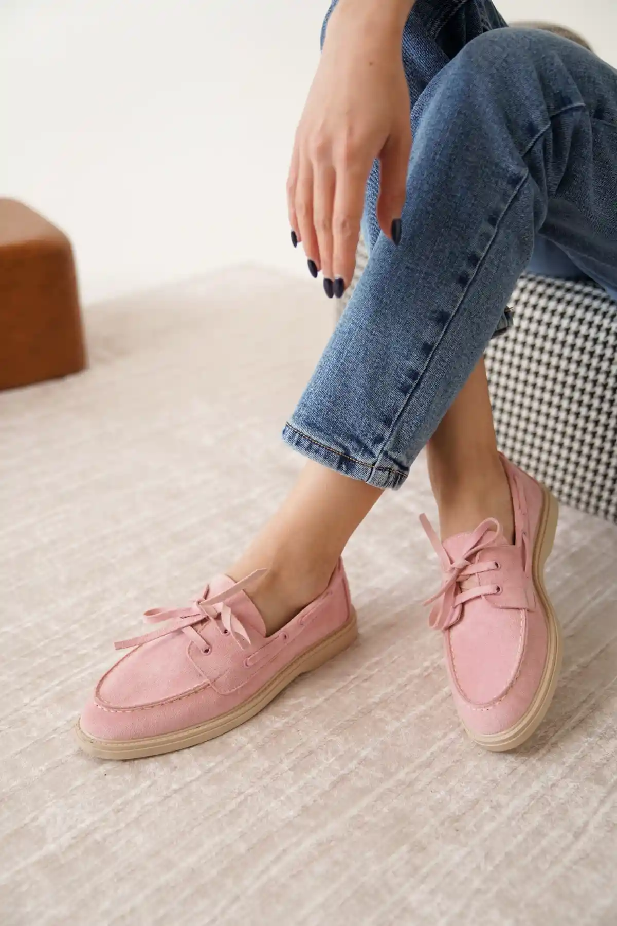 Pembe Süet Kadın Düz Bağcıklı Loafer Ayakkabı
