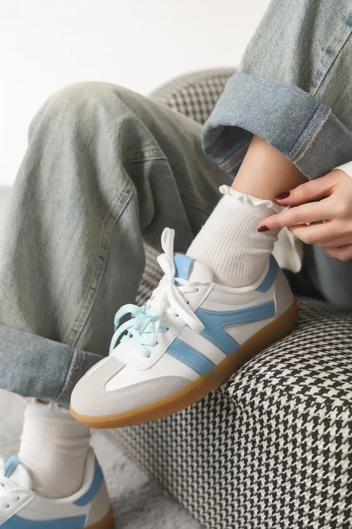 Beyaz-Mavi Kadın Çift Bağcıklı Kaymaz Taban Sneaker Ayakkabı