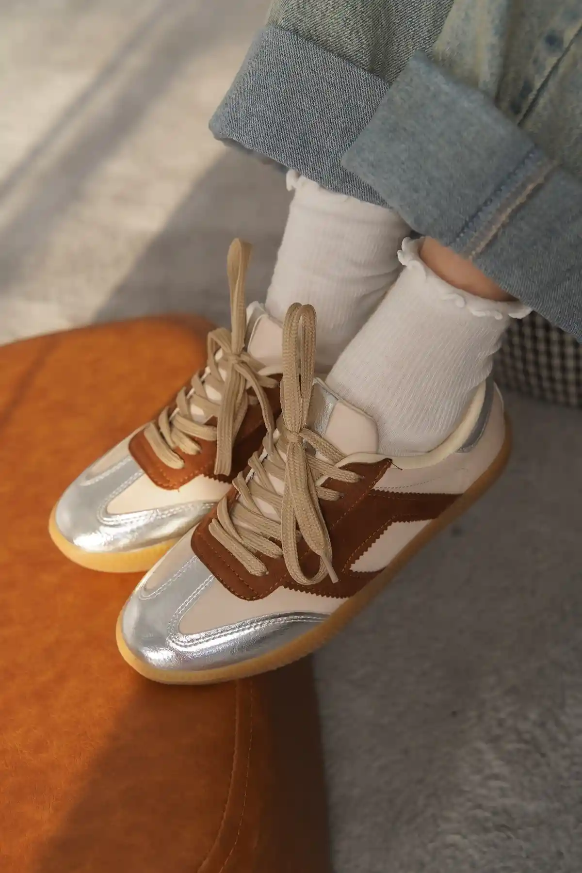 Kahve-Gümüş Kadın Renk Bloklu Sneaker Ayakkabı