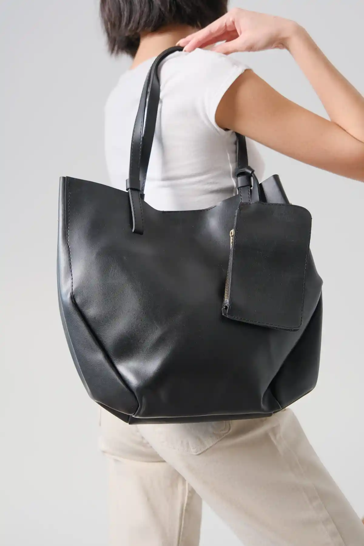 Siyah Cilt Kadın Çanta-Cüzdan-Makyaj Çantası Üçlü Set Çanta