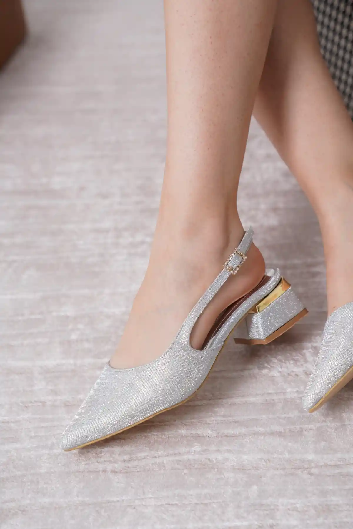 Gümüş Simli Kadın Simli Kısa Topuklu Şık Abiye Topuklu Ayakkabı