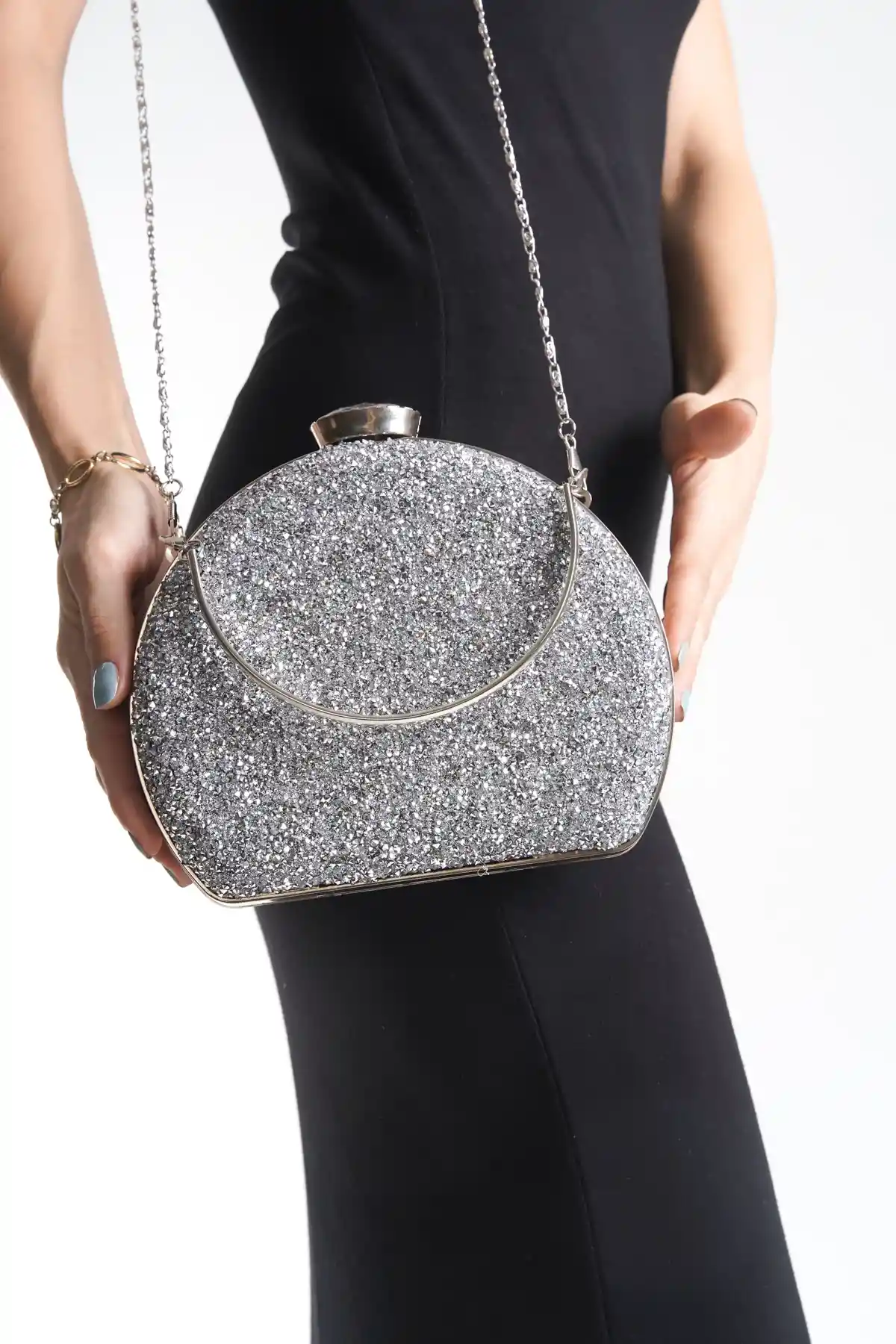 Gümüş Kadın Taşlı Matara Abiye Çanta