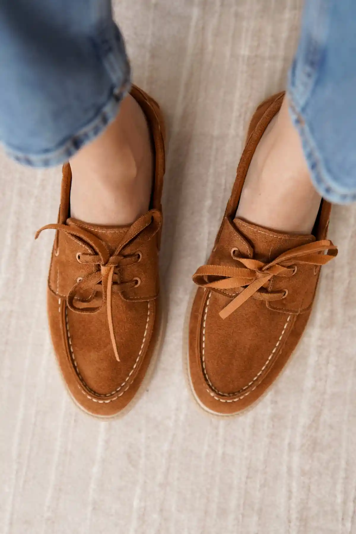 Taba Süet Kadın Düz Bağcıklı Loafer Ayakkabı