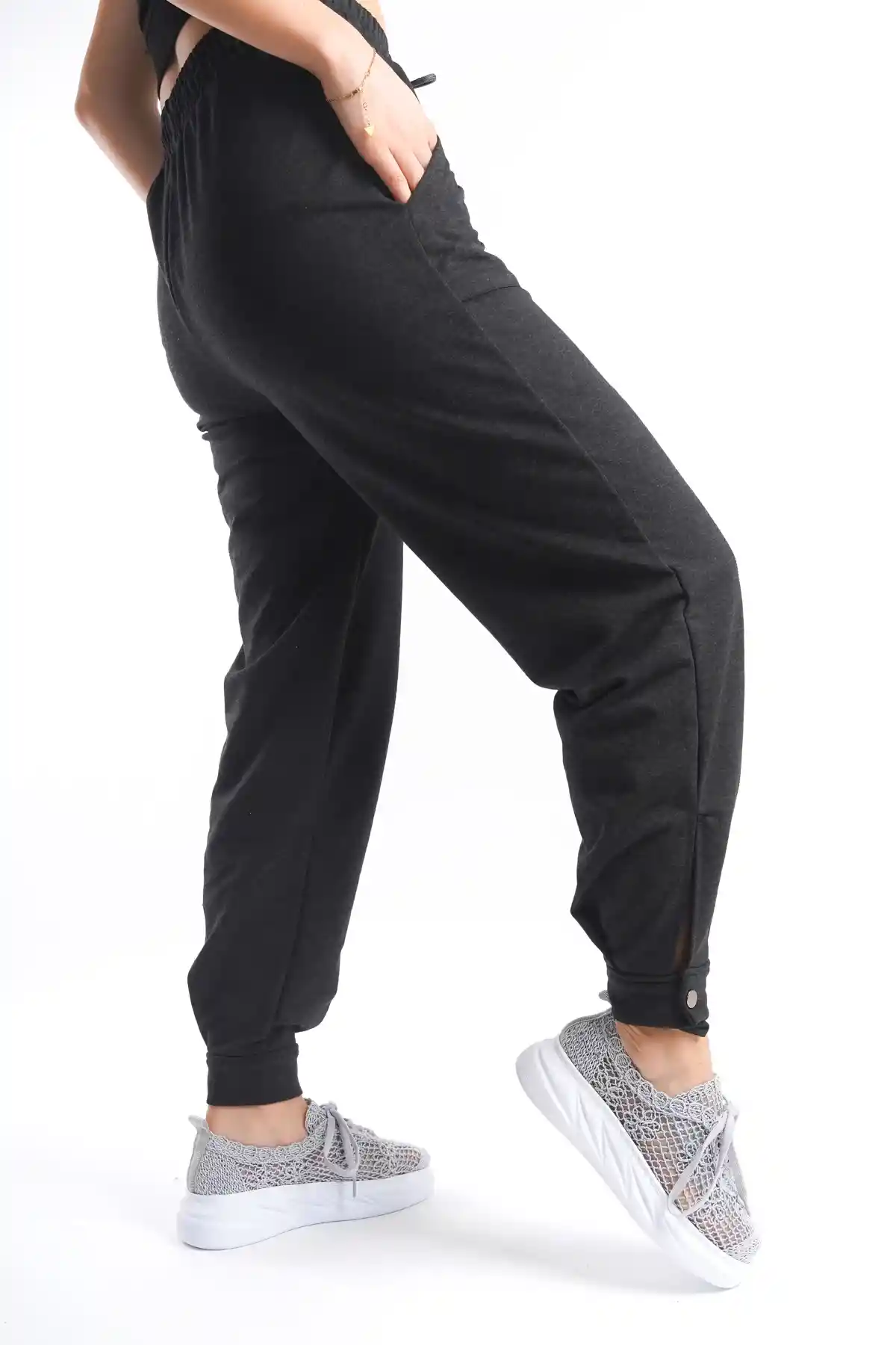 Antrasit Kadın Paçası Düğmeli Eşofman Altı