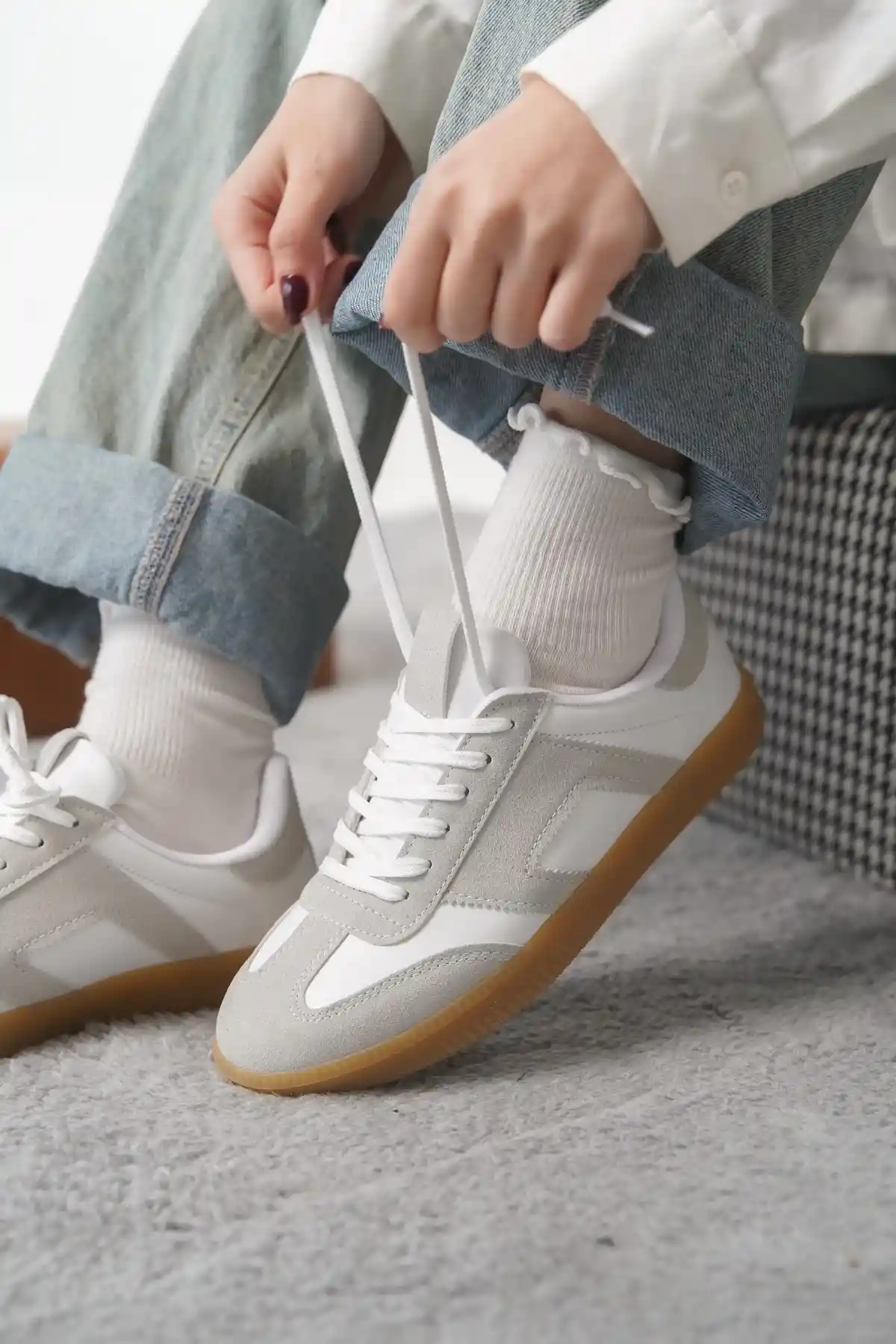 Gri-Beyaz Kadın Renk Bloklu Sneaker Ayakkabı