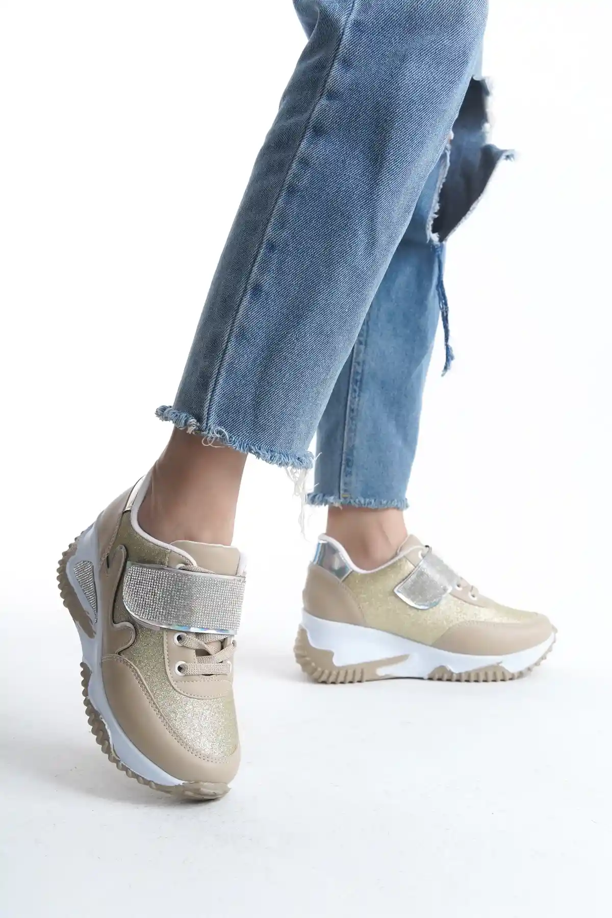 Altın Simli Kadın Simli Bağcıklı Sneaker