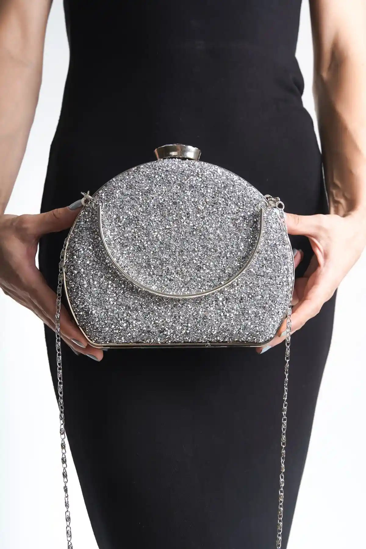 Gümüş Kadın Taşlı Matara Abiye Çanta